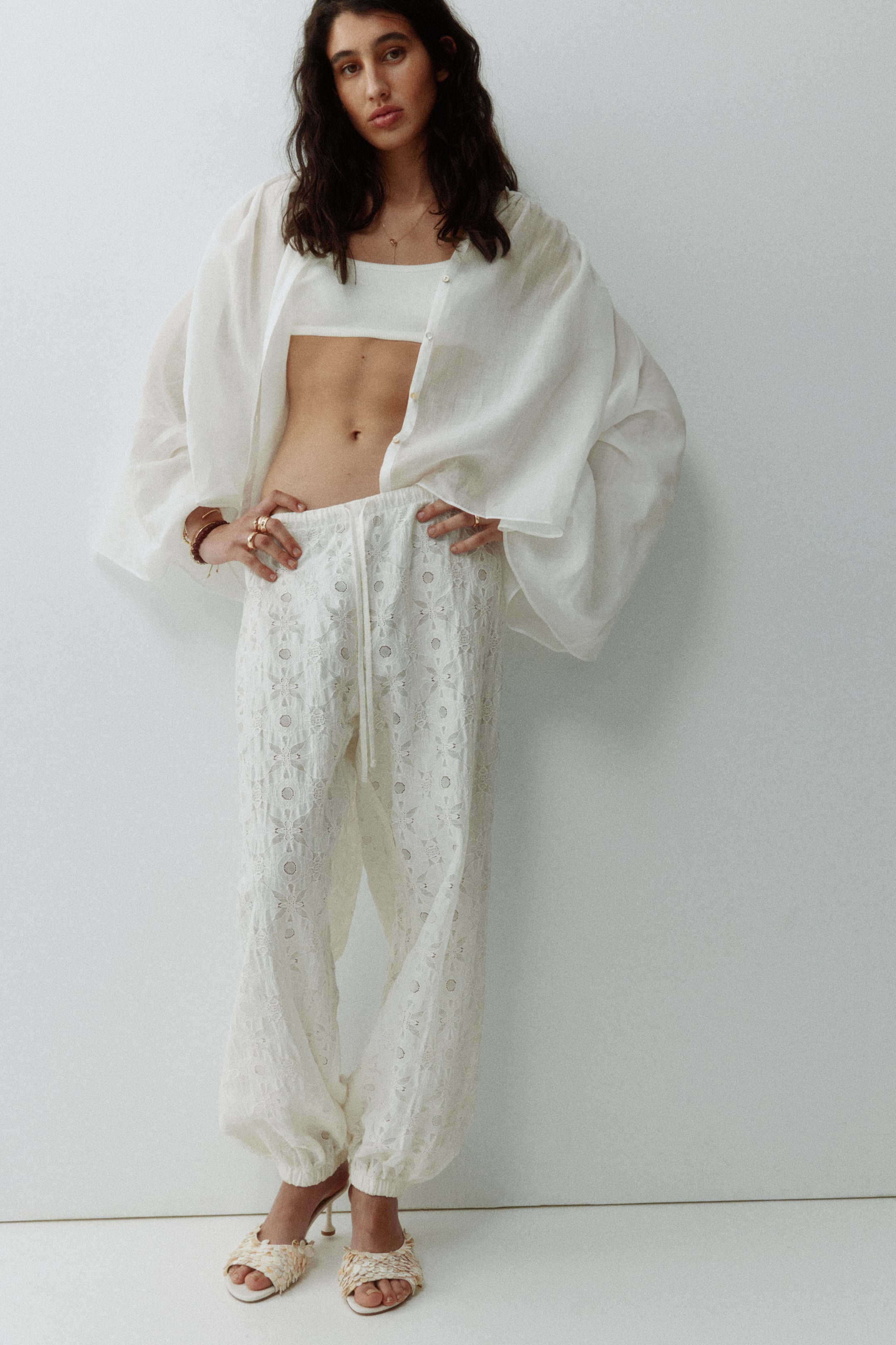 Lace-look drawstring trousers - White - Ladies | H&M GB