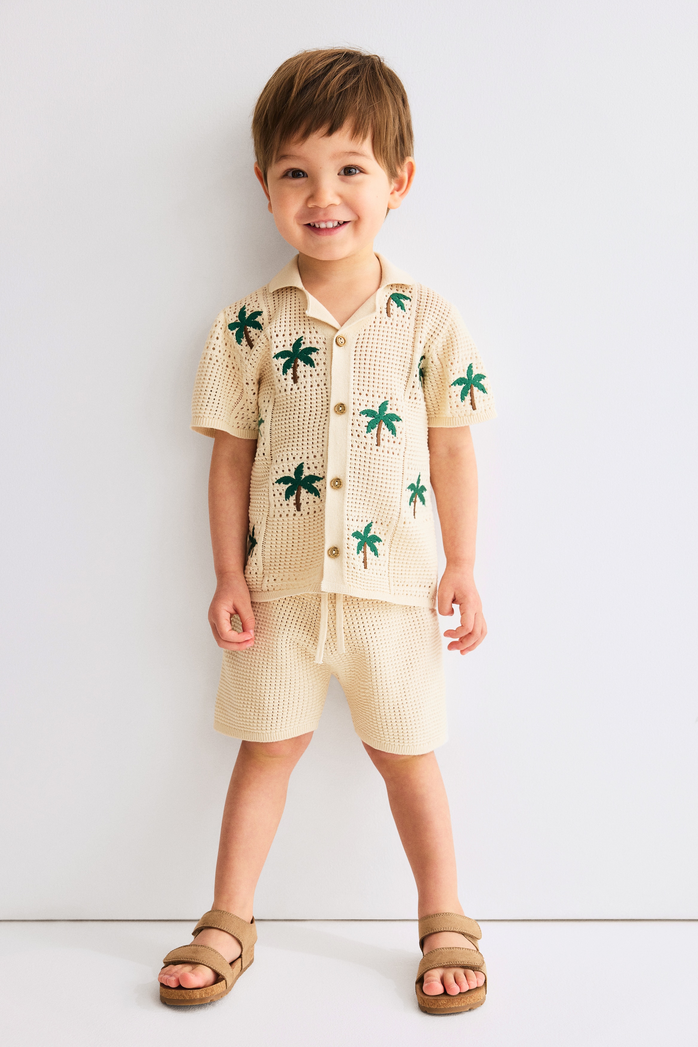 Ensemble 2 pièces en maille de coton ajourée - Beige clair/palmiers
