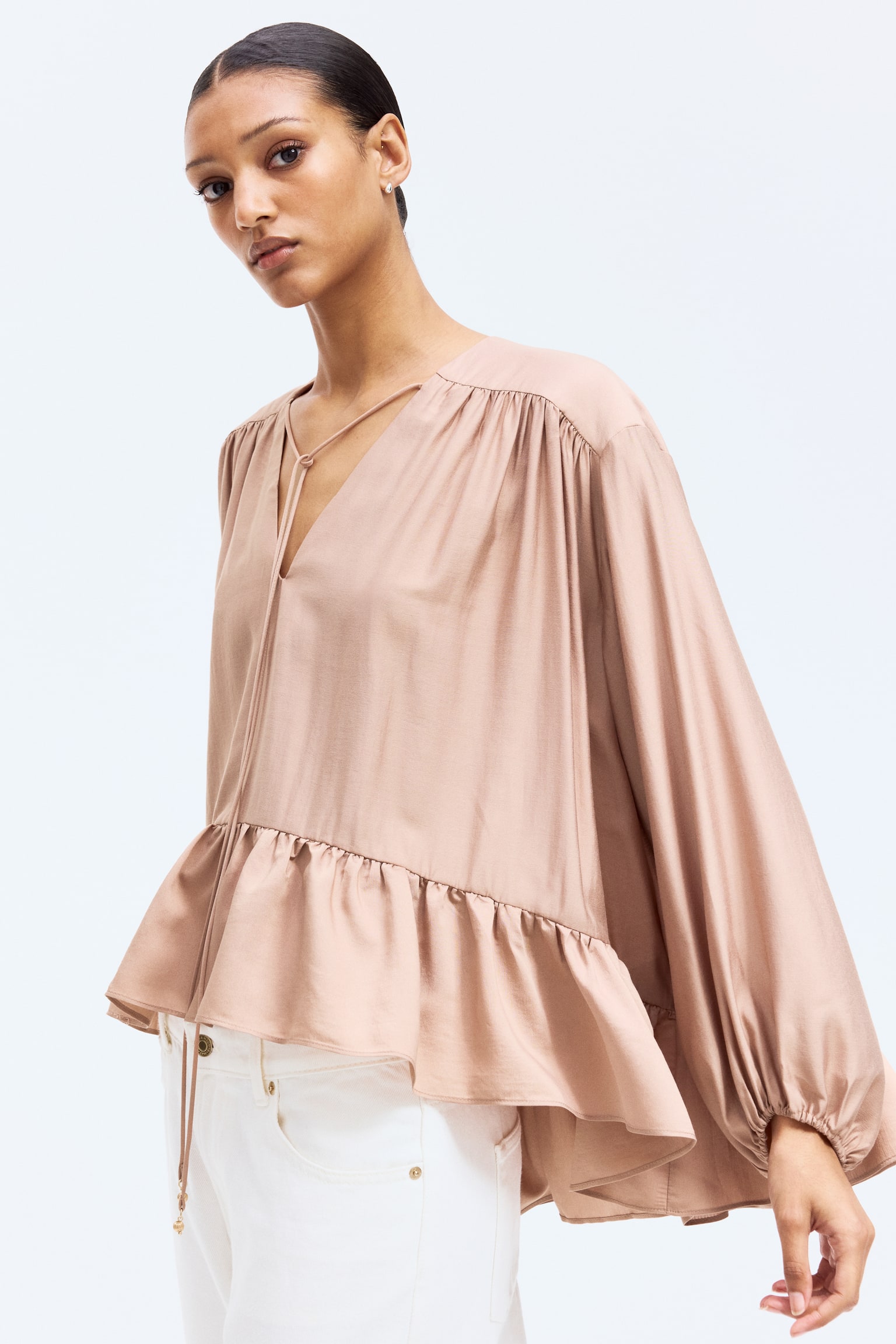 Flounce-trimmed blouse - Dark beige - 4