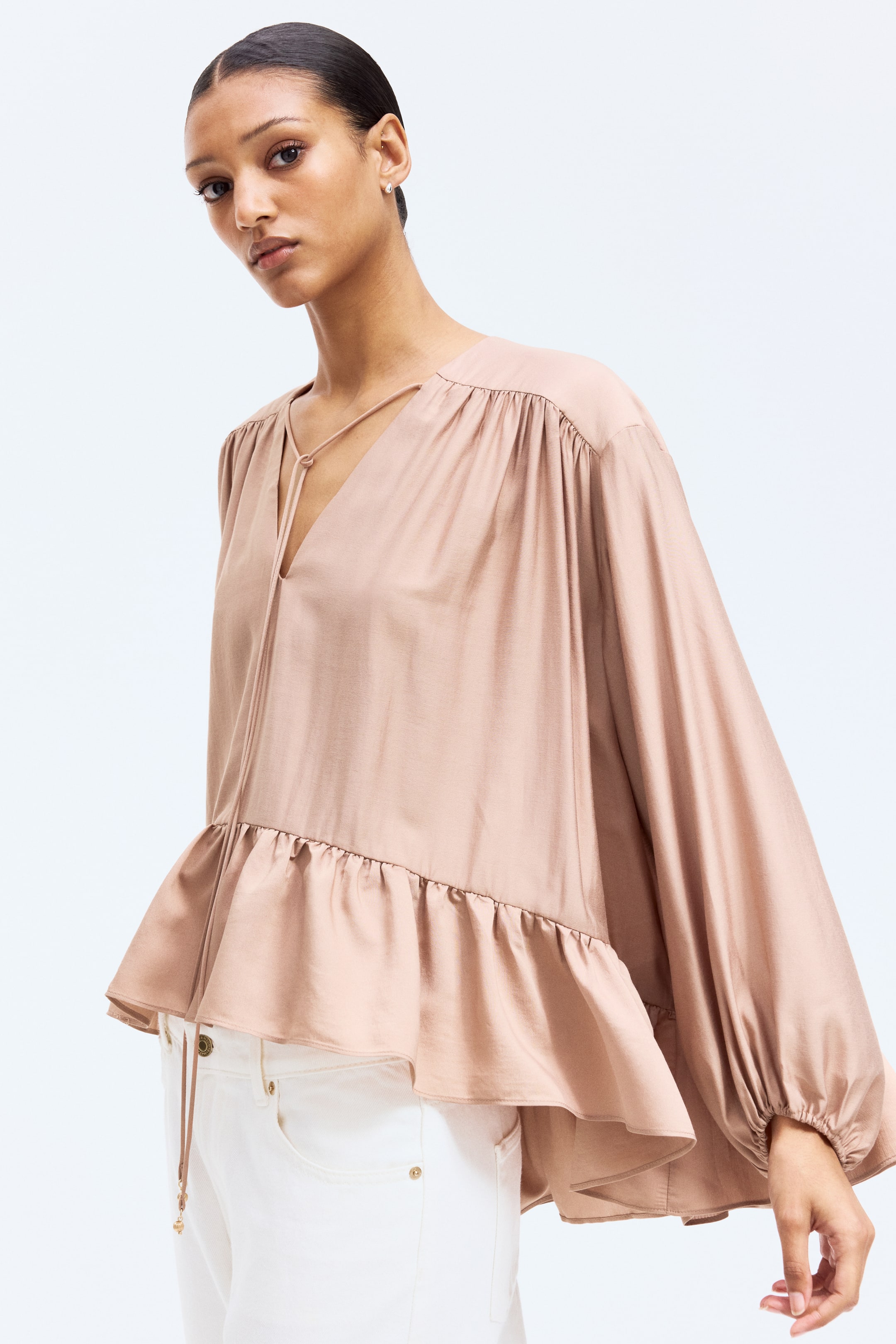 View larger image: Flounce-trimmed blouse - Dark beige - Ladies | H&M IN 2