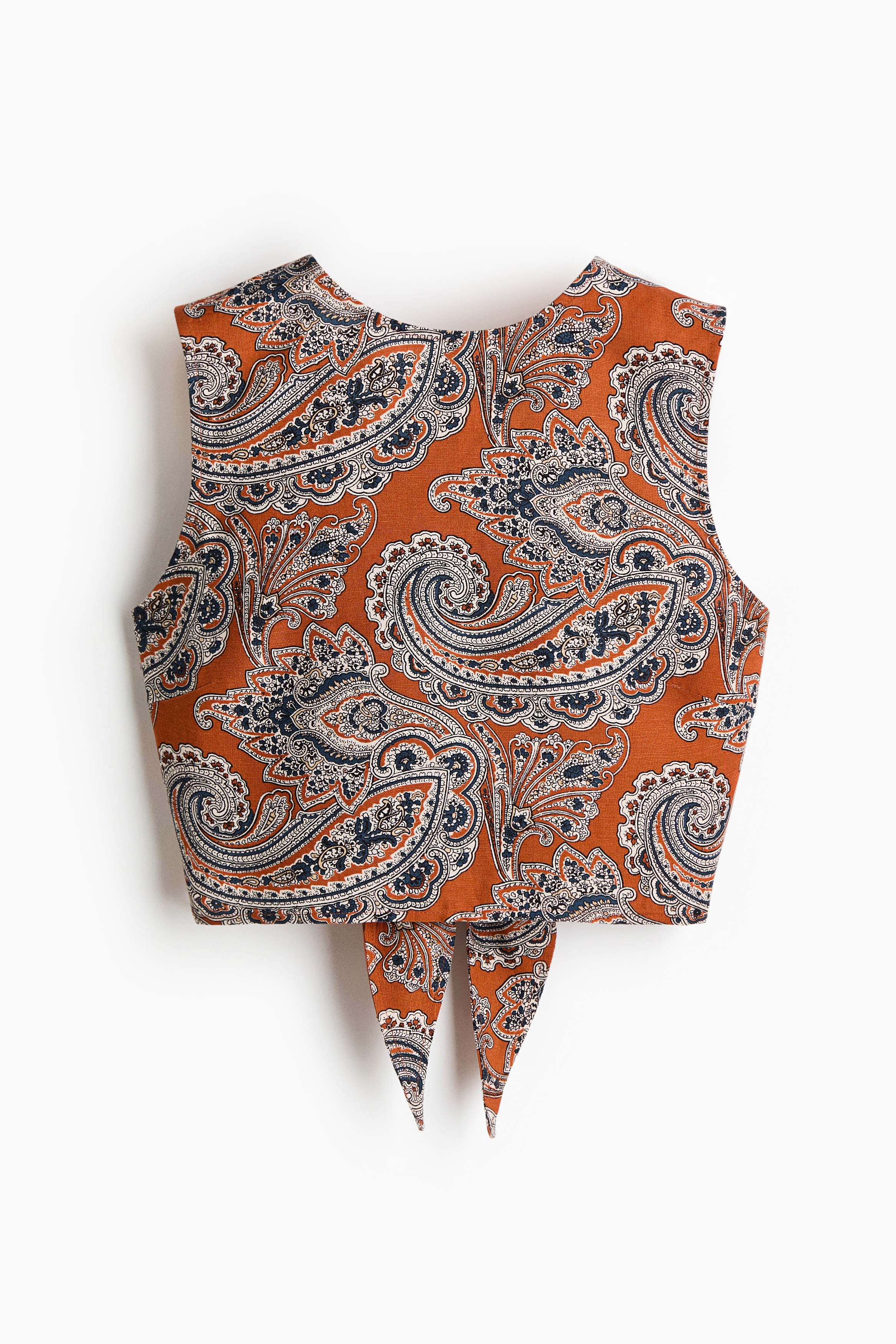 Linen-blend tie-back top - Dark orange/Paisley pattern