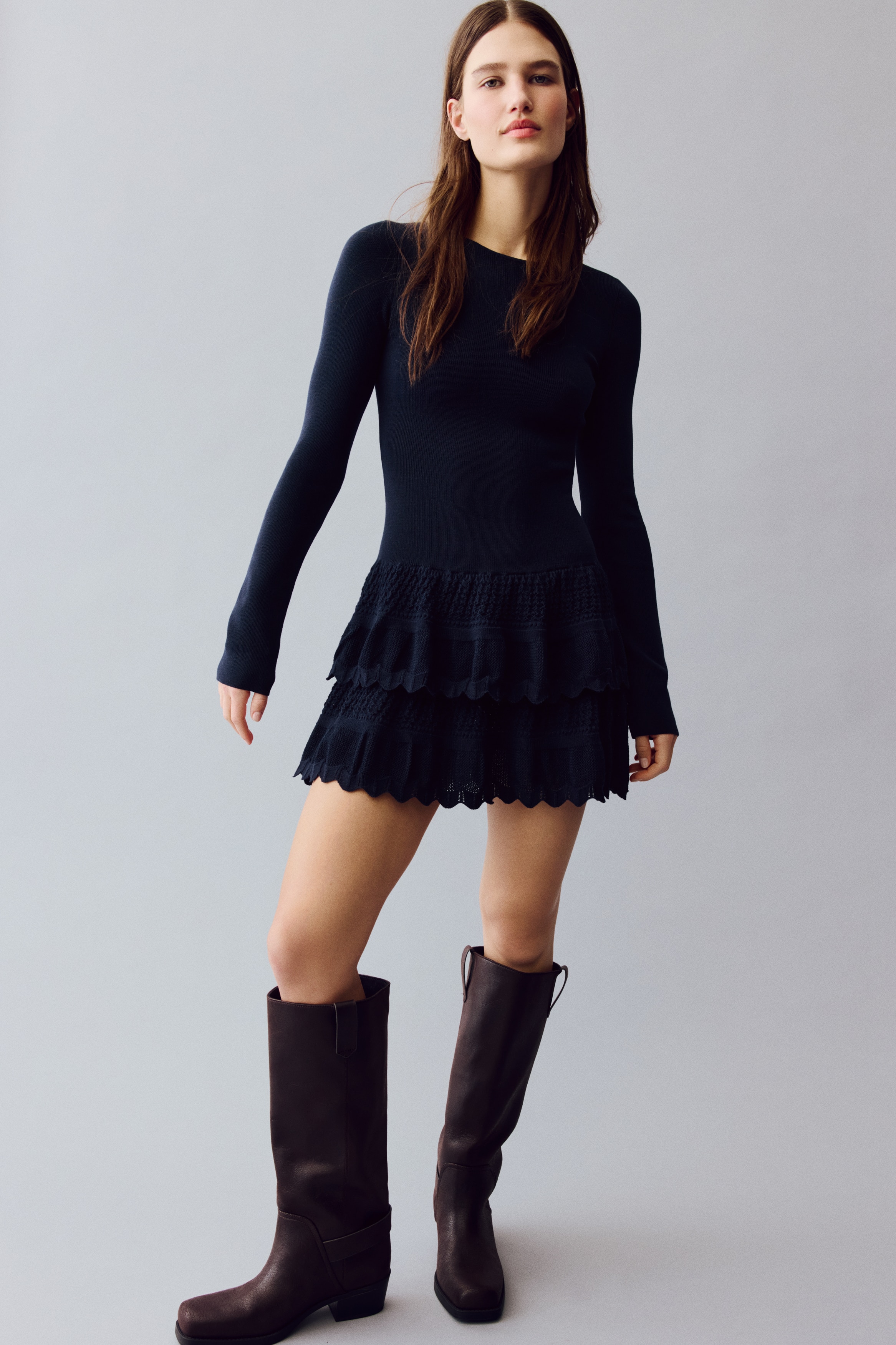 蛋糕裙洋裝 - 深藍色/黑色/淺黃色