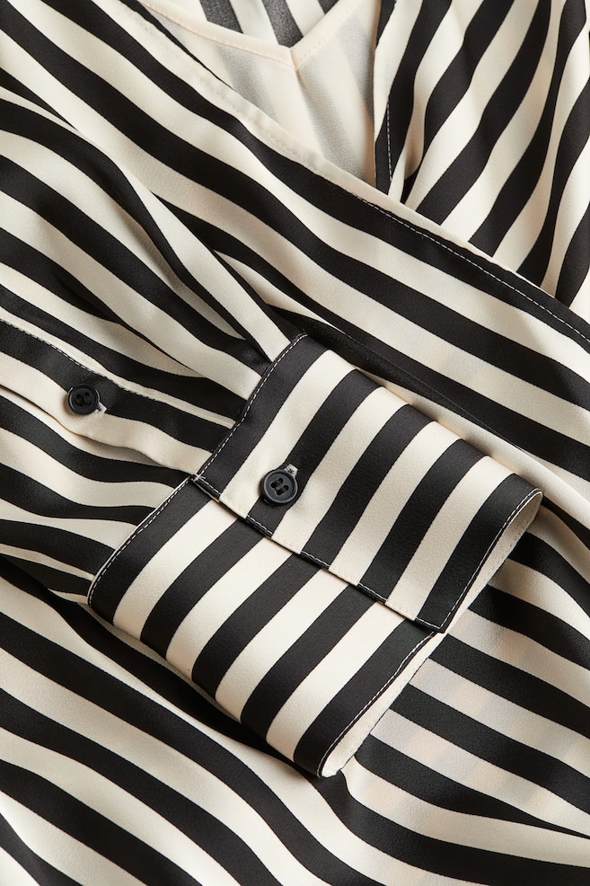 Wrapover satin blouse - Black/Striped/Cream/Black - 3