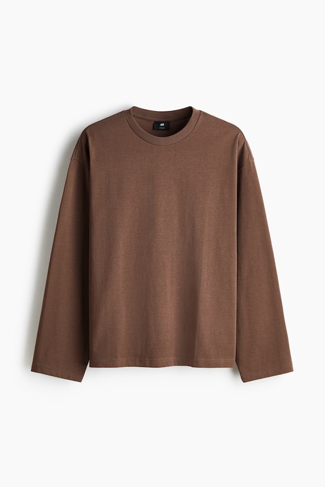 Oversized Long-Sleeved Jersey Shirt - Brown/White/Black/Gray melange - 1