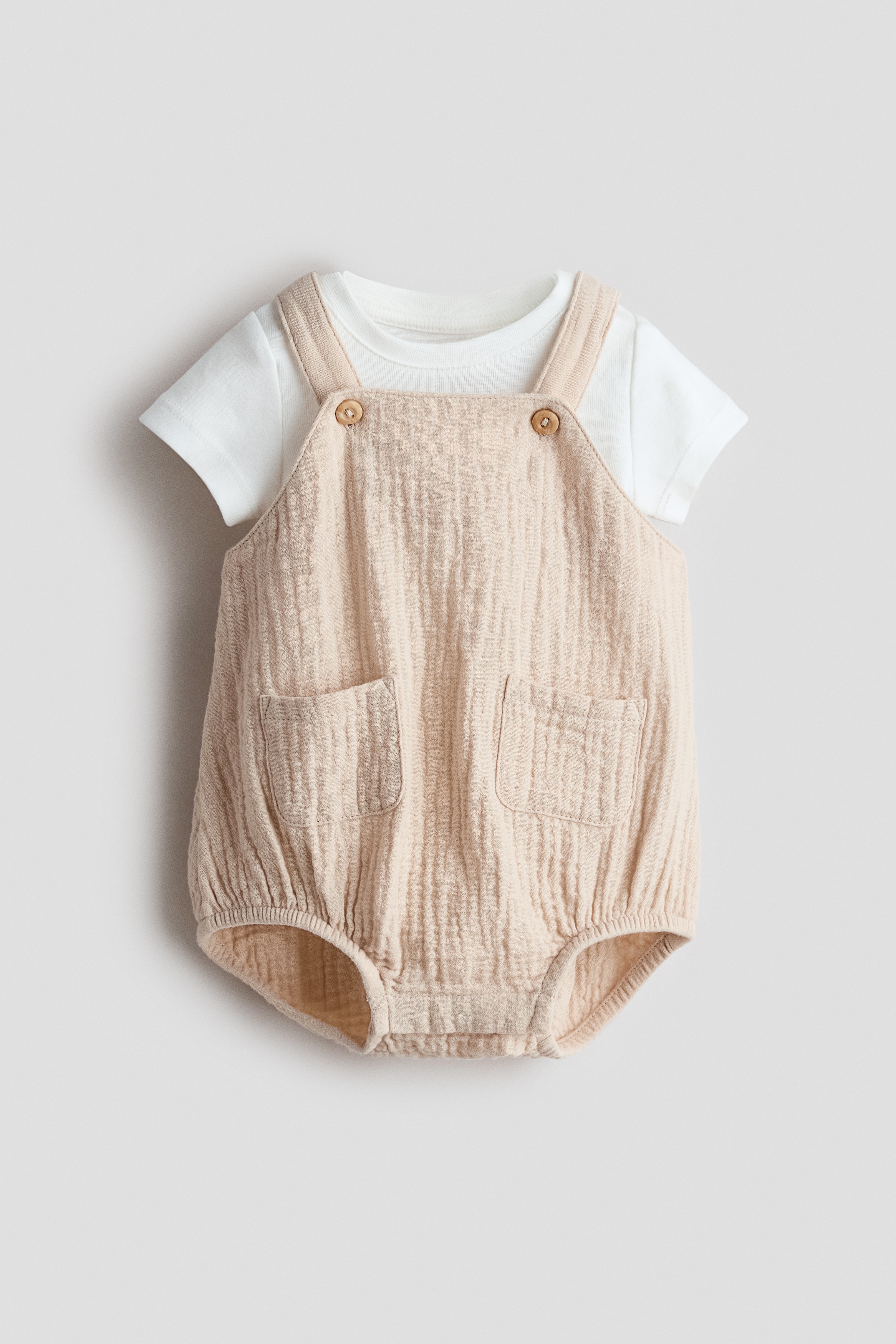 Ensemble 2 pièces en coton - Beige clair/blanc