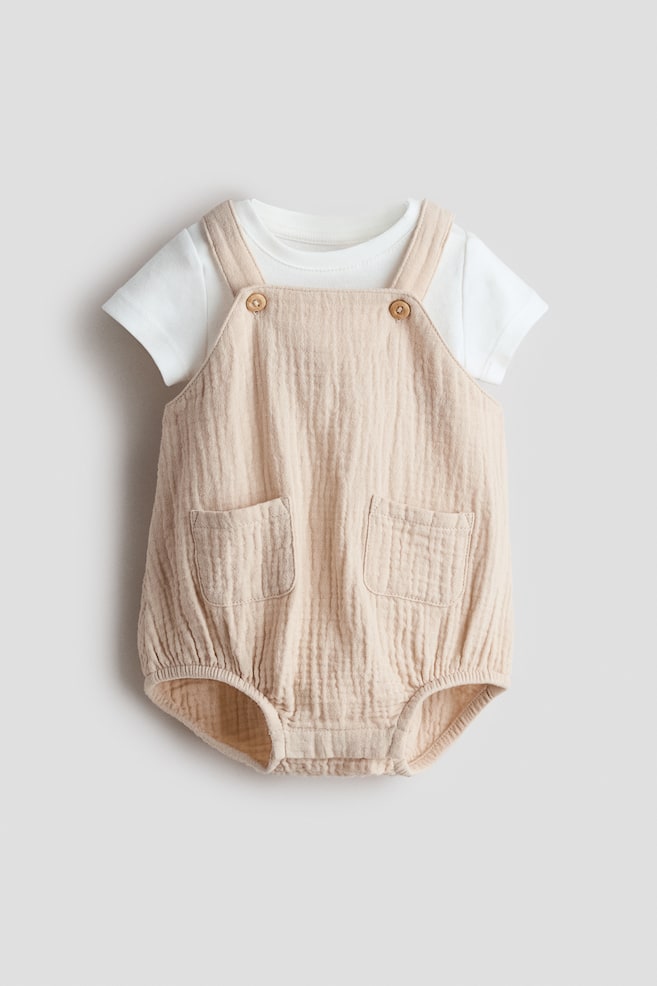 2-piece Cotton Set - Light beige/white/Light dusty green/white - 1