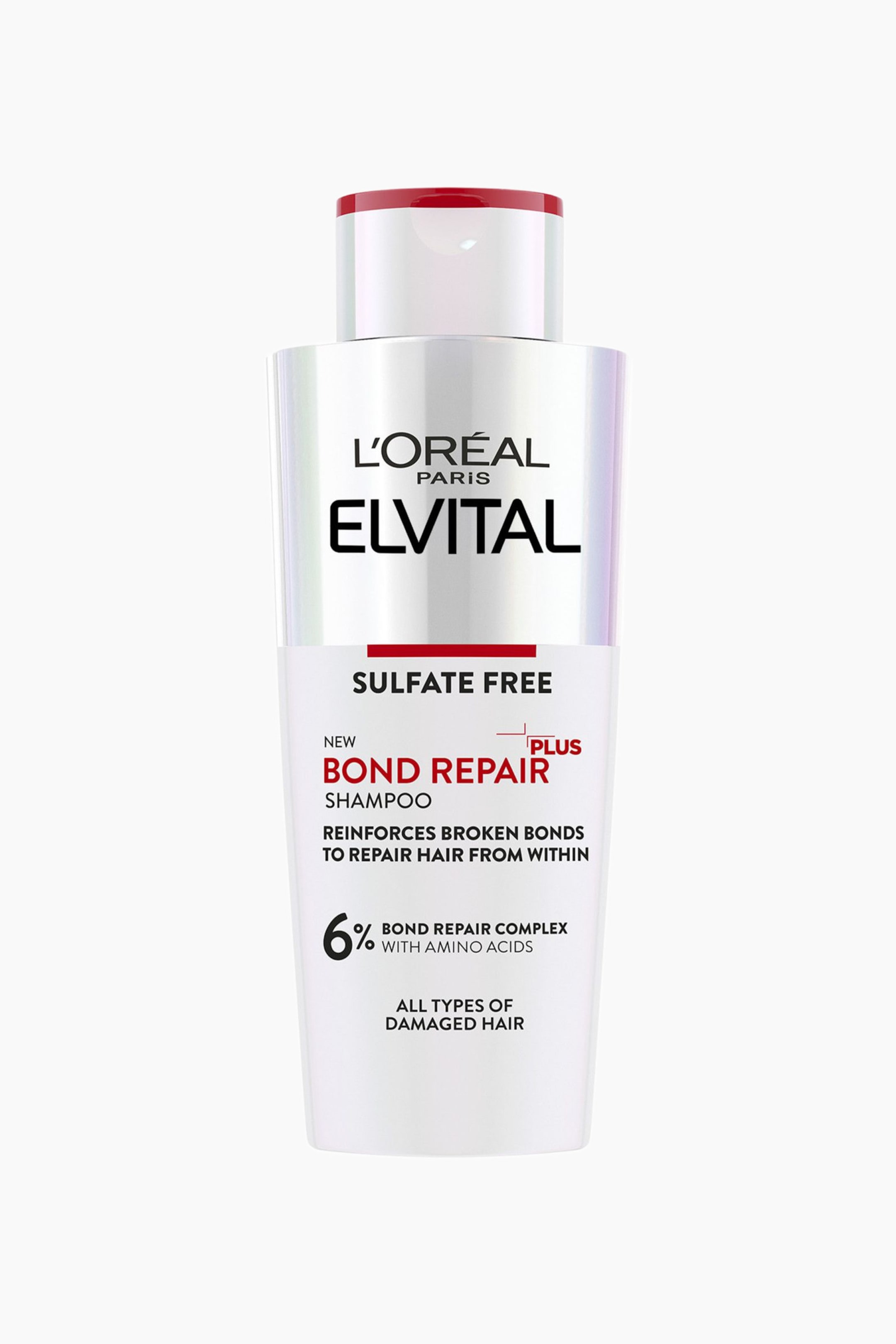 Visa större bild: En vit iriserande flaska med L'Oréal Elvital Bond Repair Shampoo står upprätt, vänd framåt. Den har ett rött flip-lock med en vit topp och text på framsidan som anger att den är sulfatfri och innehåller ett 6% bond repair-komplex.