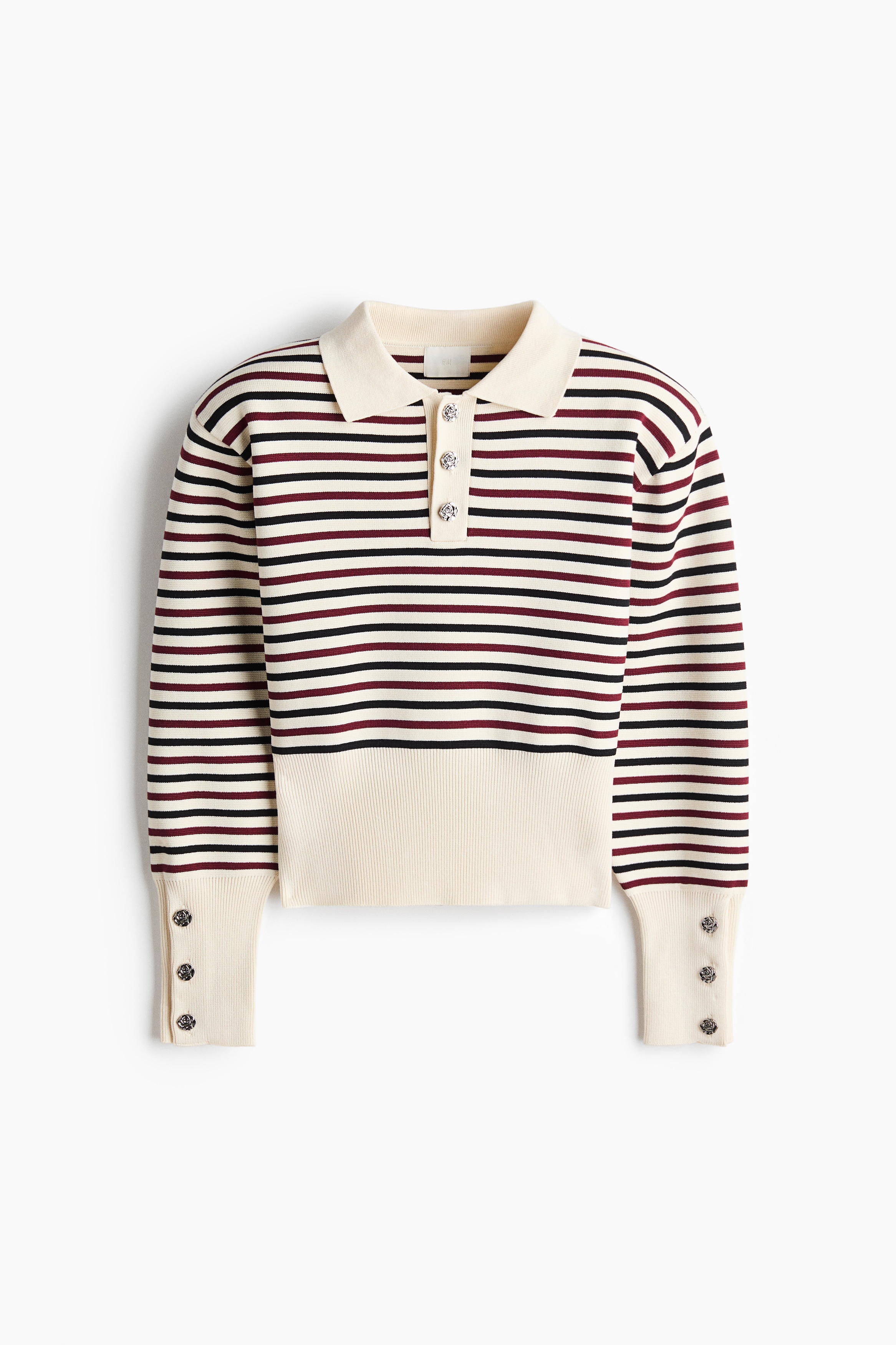 Shoulder-pad fine-knit polo shirt - Cream/Striped
