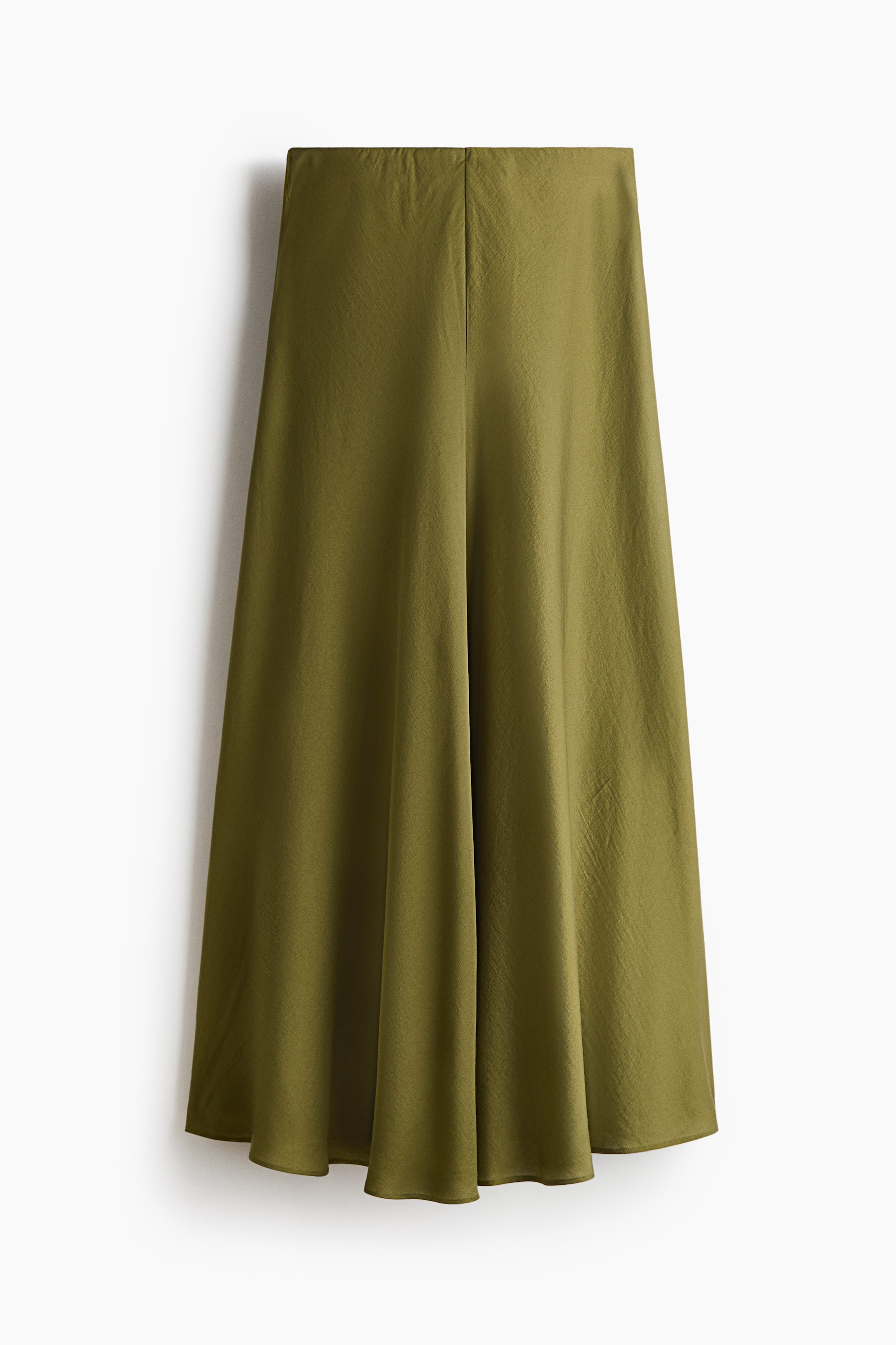 View larger image: An olive green flared maxi skirt gently drapes in a satin fabric. It features a high waist and a central seam running down the front.