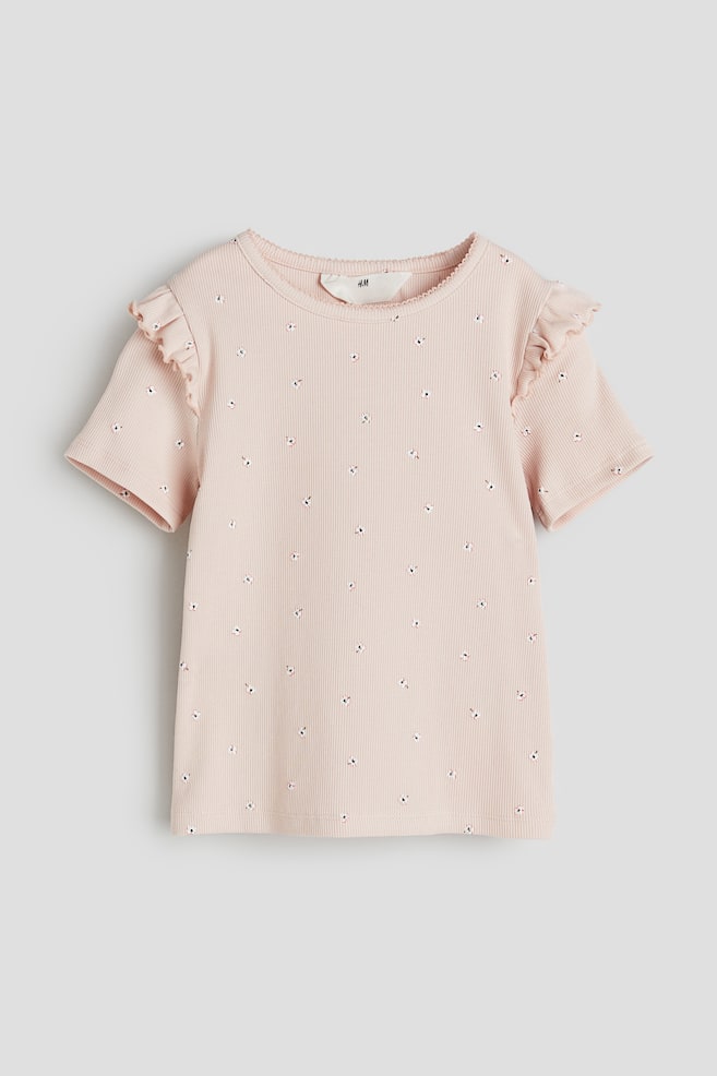 T-shirt a costine con bordi a volant - Rosa polvere/fiori/Blu/fiori/Bianco/pois - 1