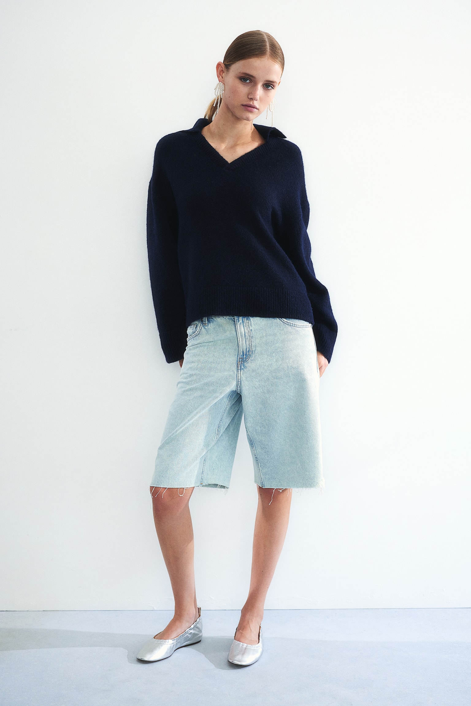 Collared fine-knit jumper - Navy blue/Grey marl/Cream/Brown marl - 5