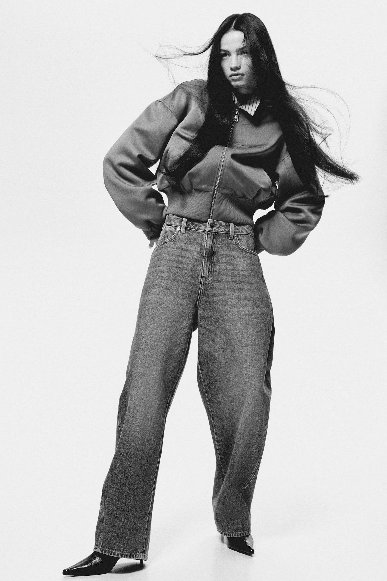 Barrel Leg High Waist Jeans - Azul denim/Gris jaspeado claro/Negro lavado - 7