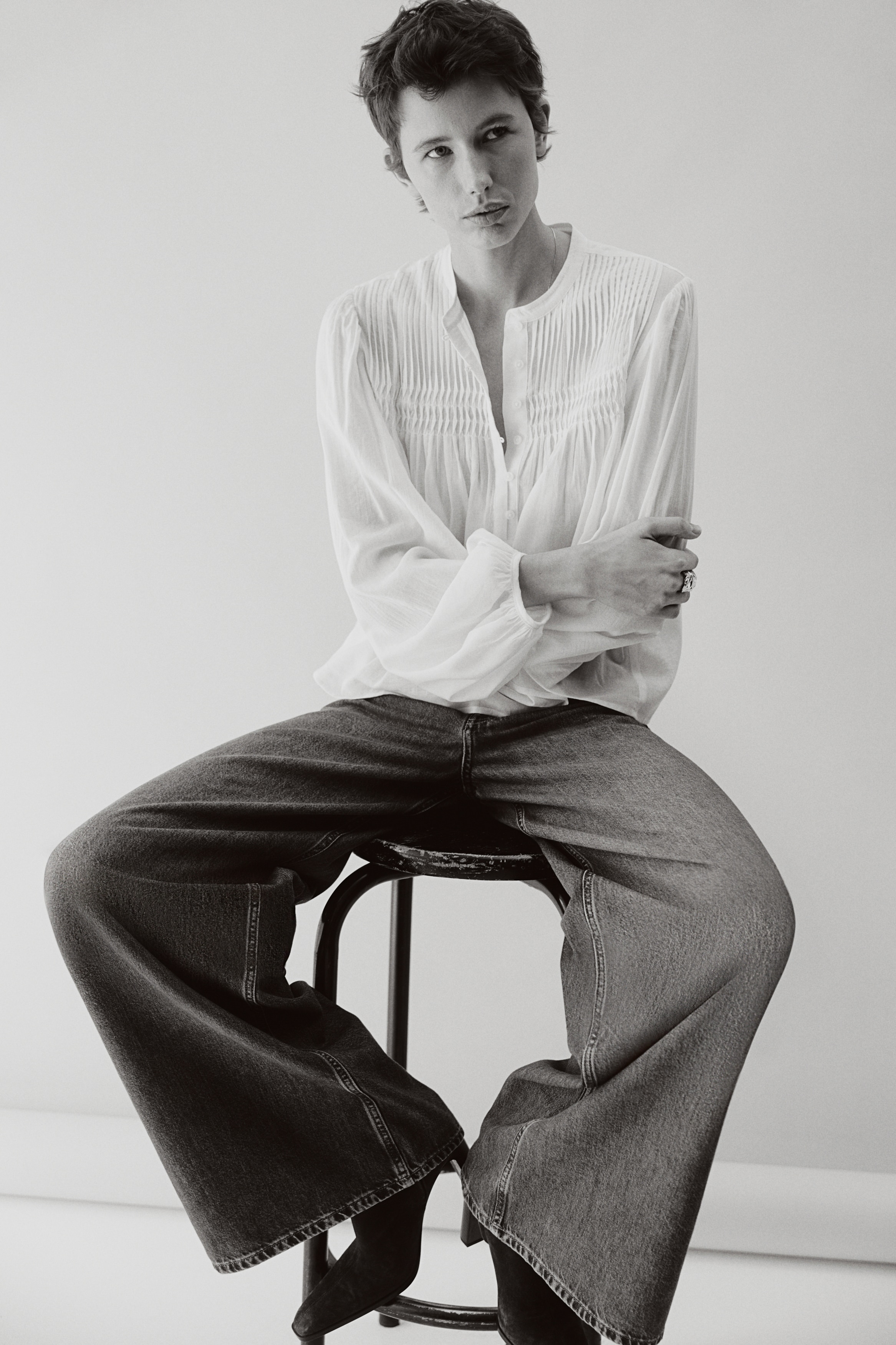 Μπλούζα με πιέτες νερβίρ - Λευκό/Γαλάζιο