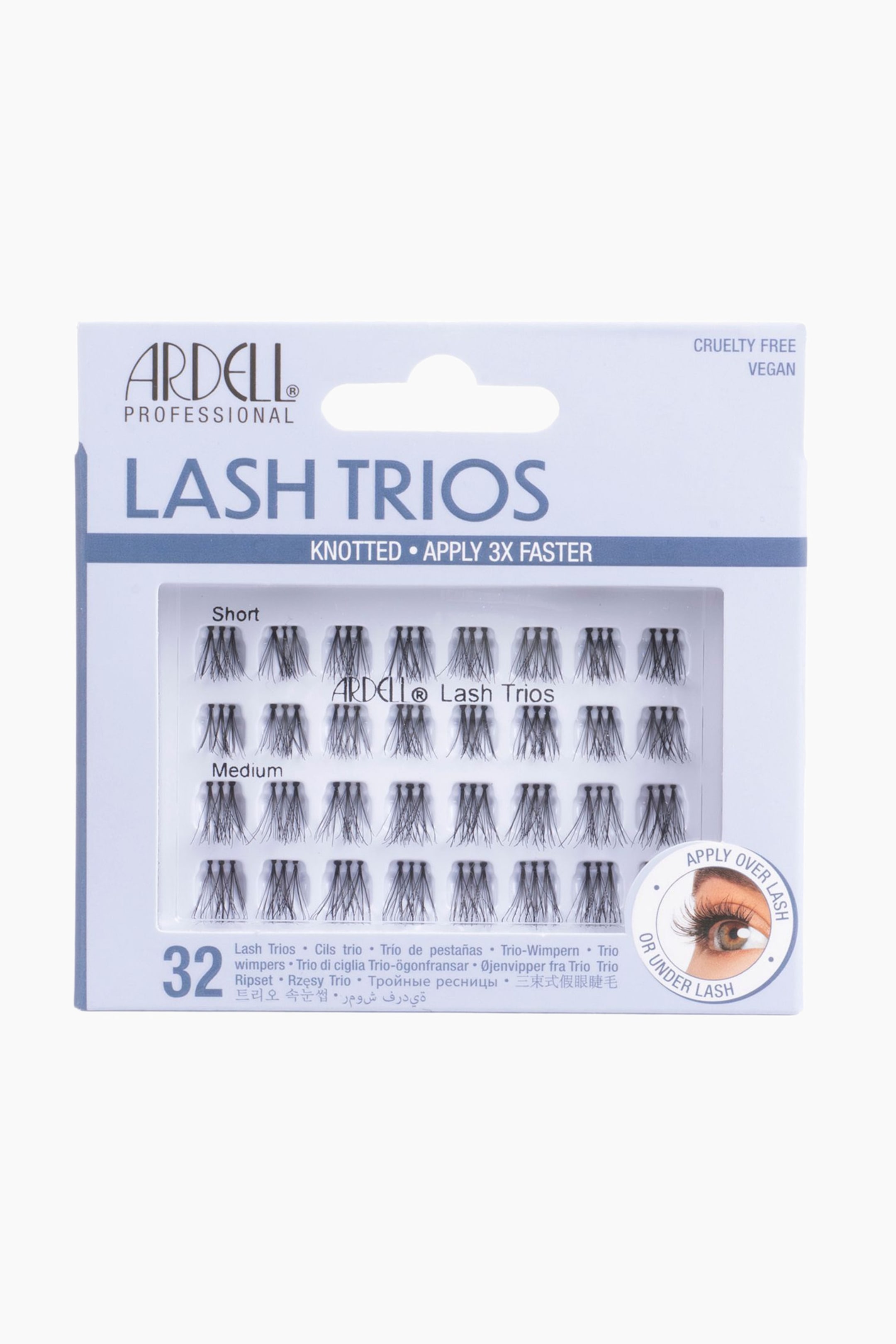 Visa större bild: Ardell Professional Lash Trios förpackning visar 32 kluster av svarta lösögonfransar, kategoriserade i 'Kort' och 'Medium' längder. Förpackningen visar också varumärket, 'Knotted ? Applicera 3X Snabbare', och texten 'Cruelty Free Vegan'.