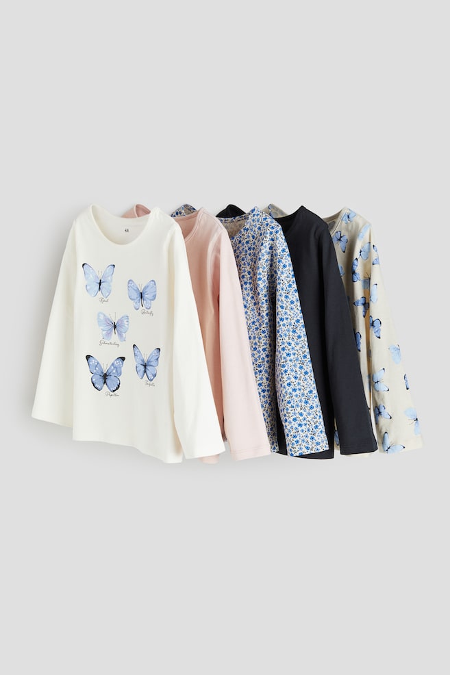 5-pack long-sleeved tops - White/Butterflies/Light pink/Lilac/Dark grey/Light beige/Cat/Dark pink/Rabbits - 1