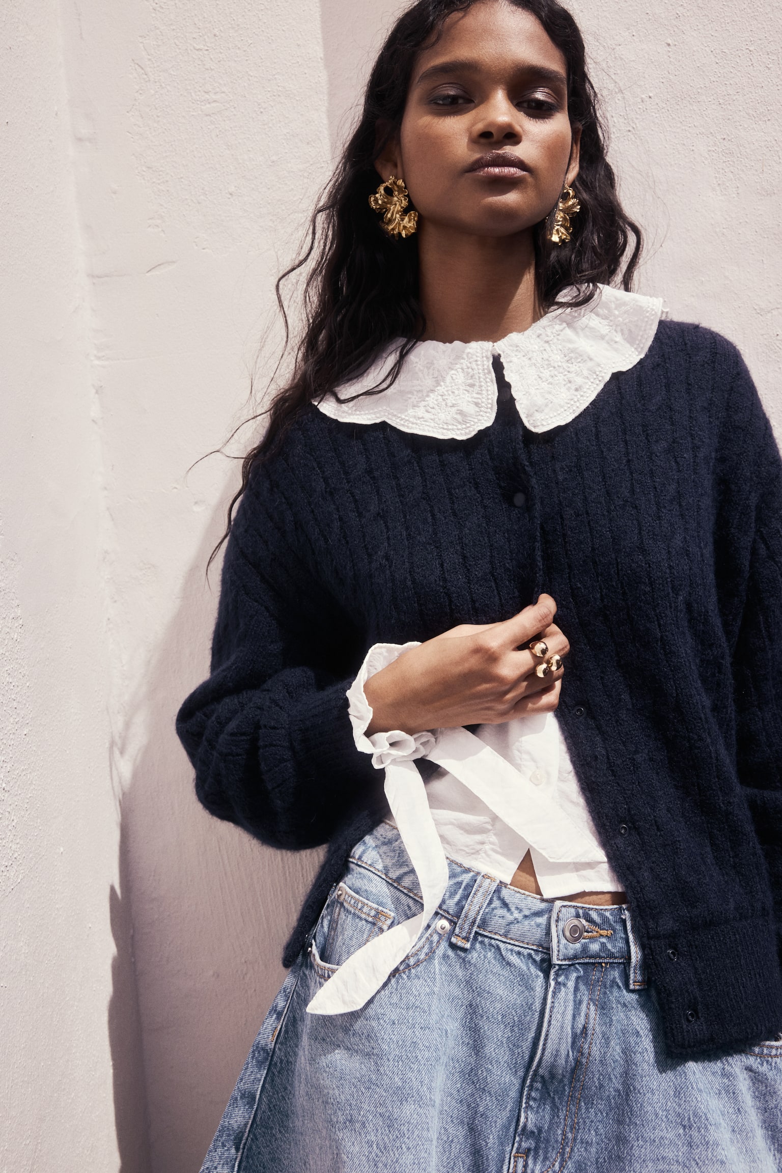 Cable-knit bomber jacket - Navy blue/Light grey marl - 1