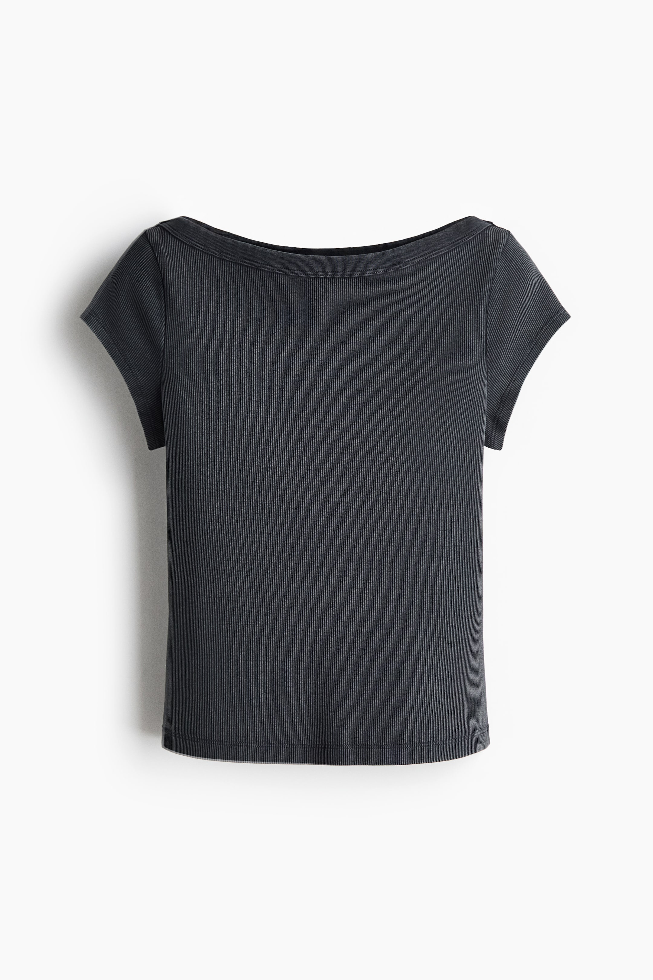 View larger image: The dark grey, short, fitted top showcases a fine rib-knit texture. It features a boat neckline with binding, cap sleeves, and a straight hem.
