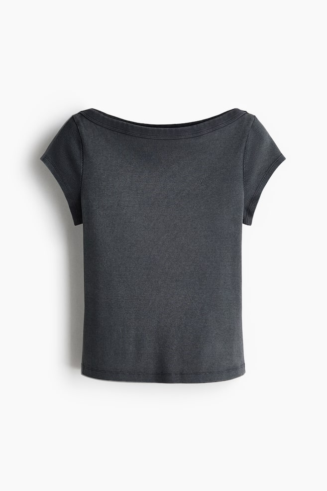 Rib-Knit Boat-Neck Top - Dark gray/Light beige - 1