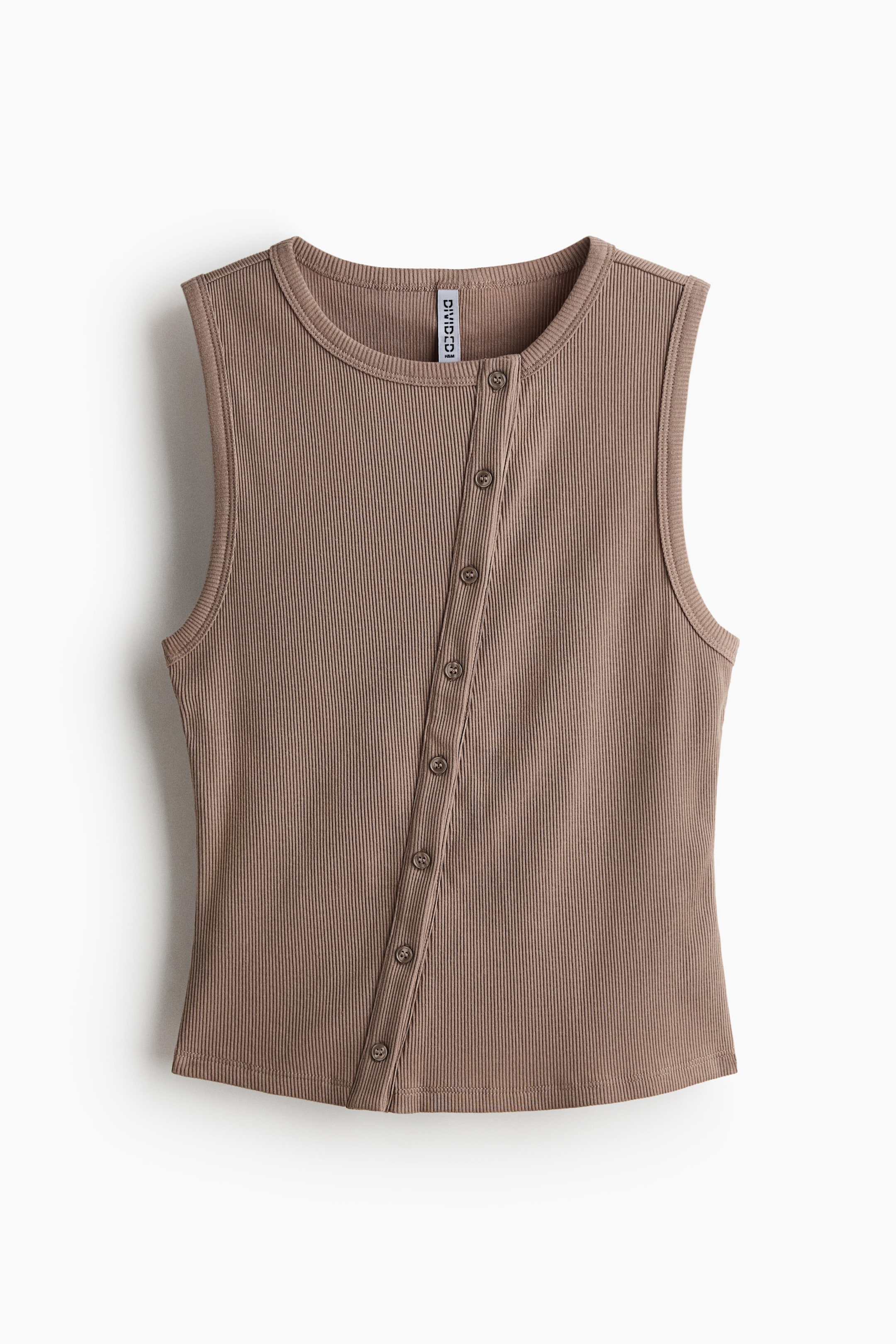 View larger image: A brown ribbed tank top featuring a round neck and a diagonal button placket on its front, with small, matching brown buttons running from the upper left to the lower right.