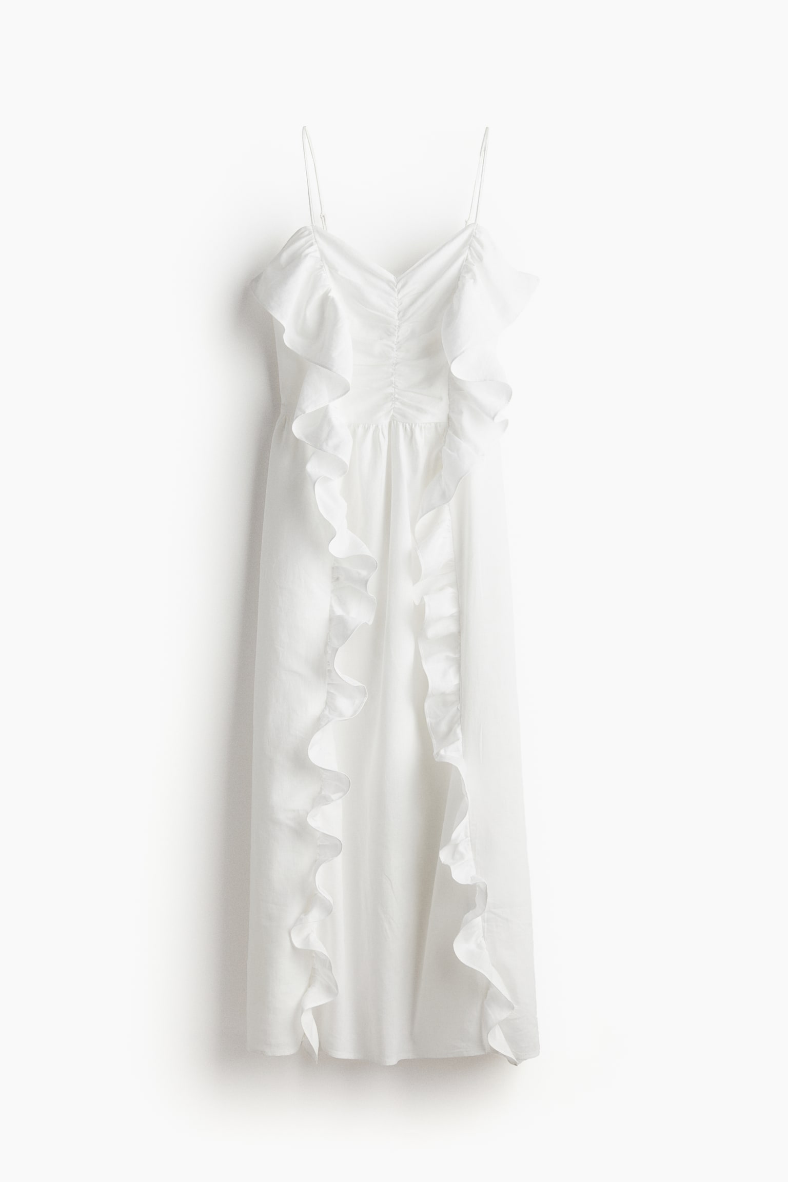 Linen Blend Frill Trim Dress - White - 2