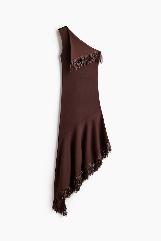 One-Shoulder Dress with Fringe - Dark brown - 1