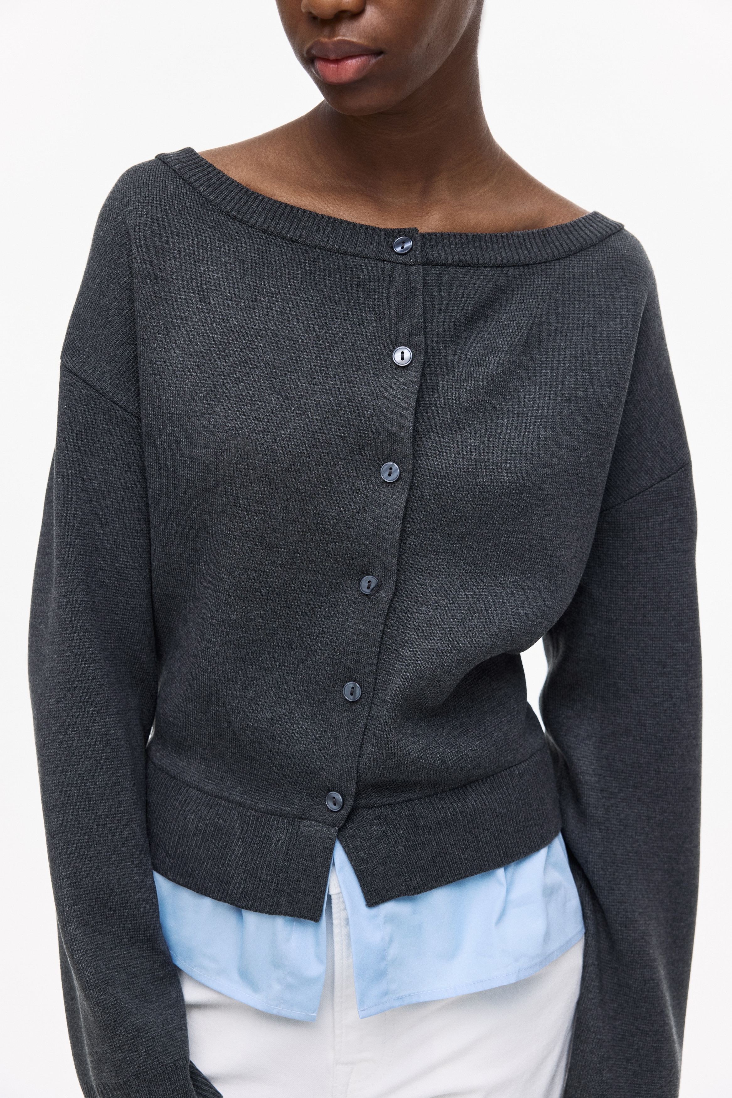 Έξωμη ζακέτα με εφέ layering - Σκούρο γκρι μελανζέ