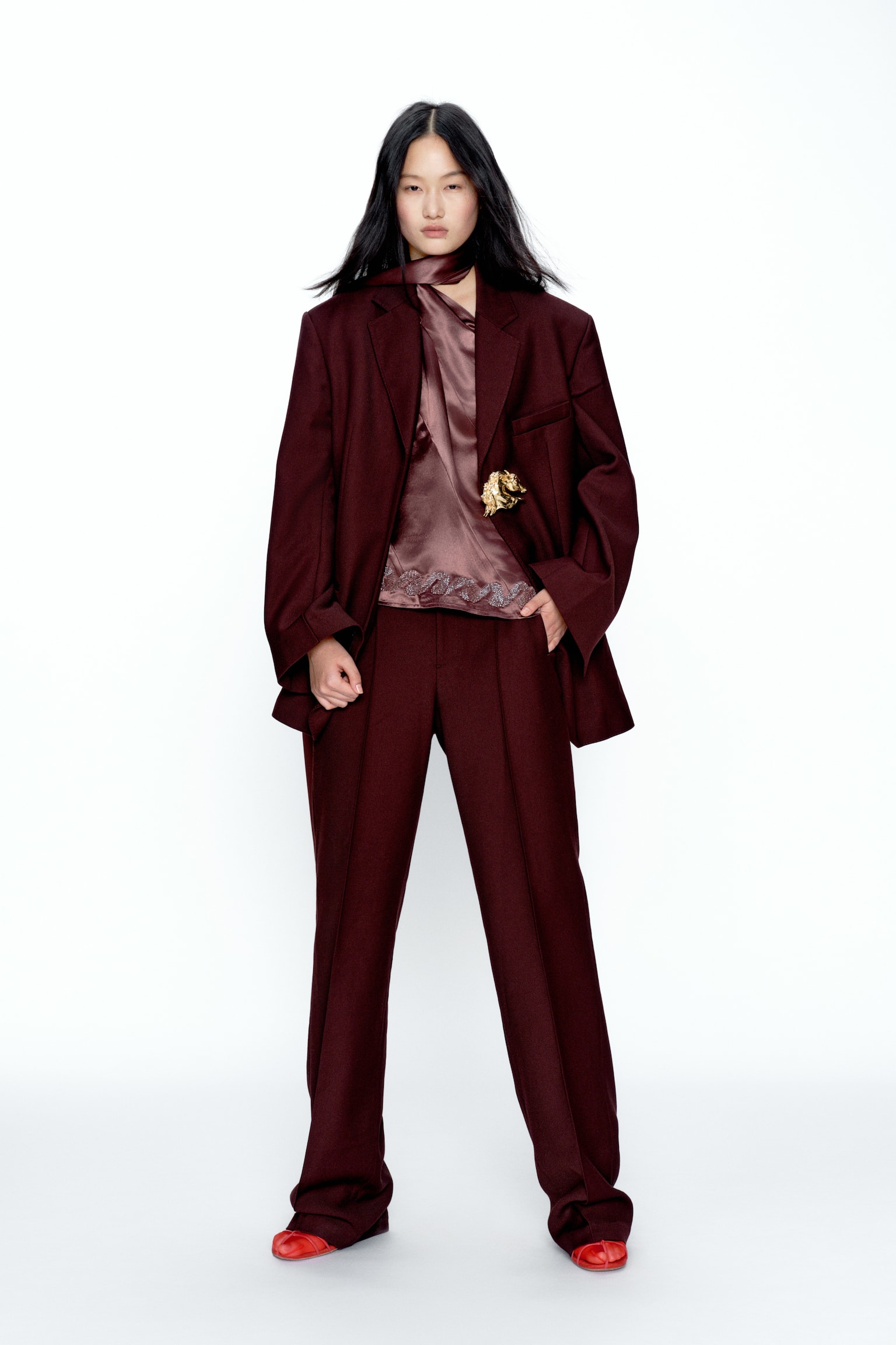 Wool-blend trousers - Burgundy/Grey marl - 2