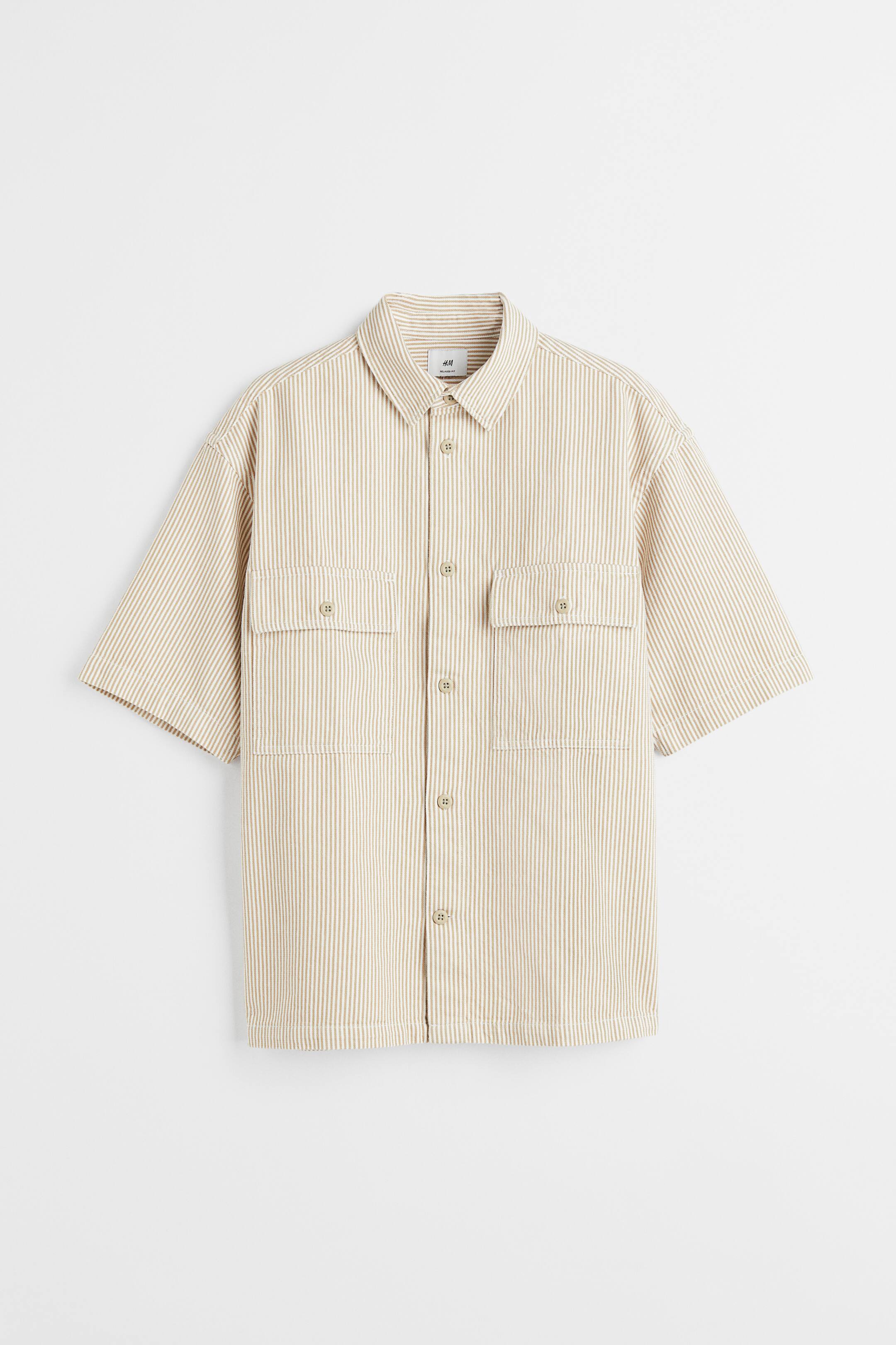 查看大圖: 休閒剪裁短袖斜紋襯衫 - 米色/白色條紋 - Men | H&M 1