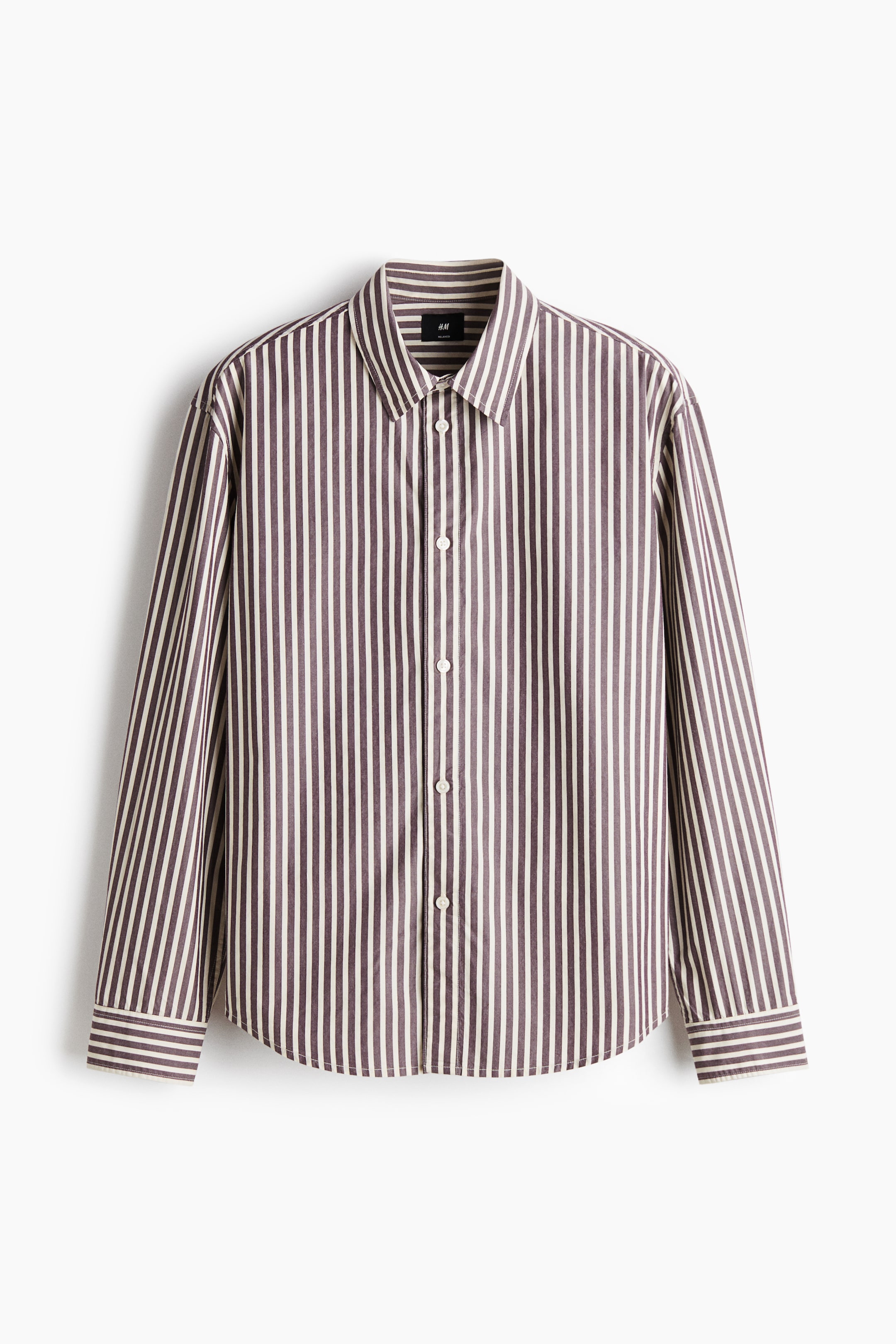 View larger image: A long-sleeved shirt is presenting its front, featuring vertical brown and off-white stripes. It is designed with a pointed collar, a full button-front closure with light-colored buttons, long sleeves with buttoned cuffs, and a curved hem.