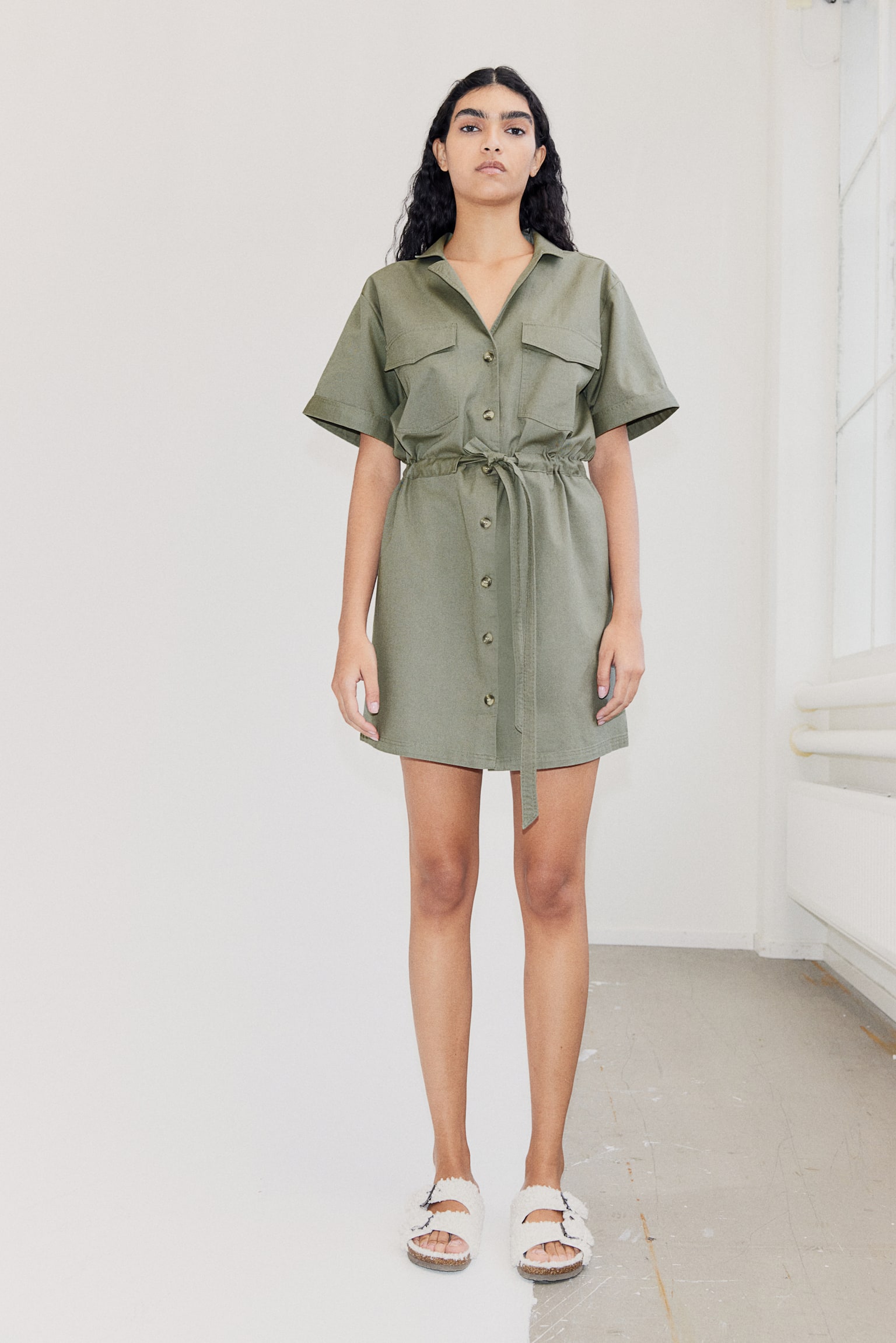 Linen Blend Utility Dress - Khaki green - 1