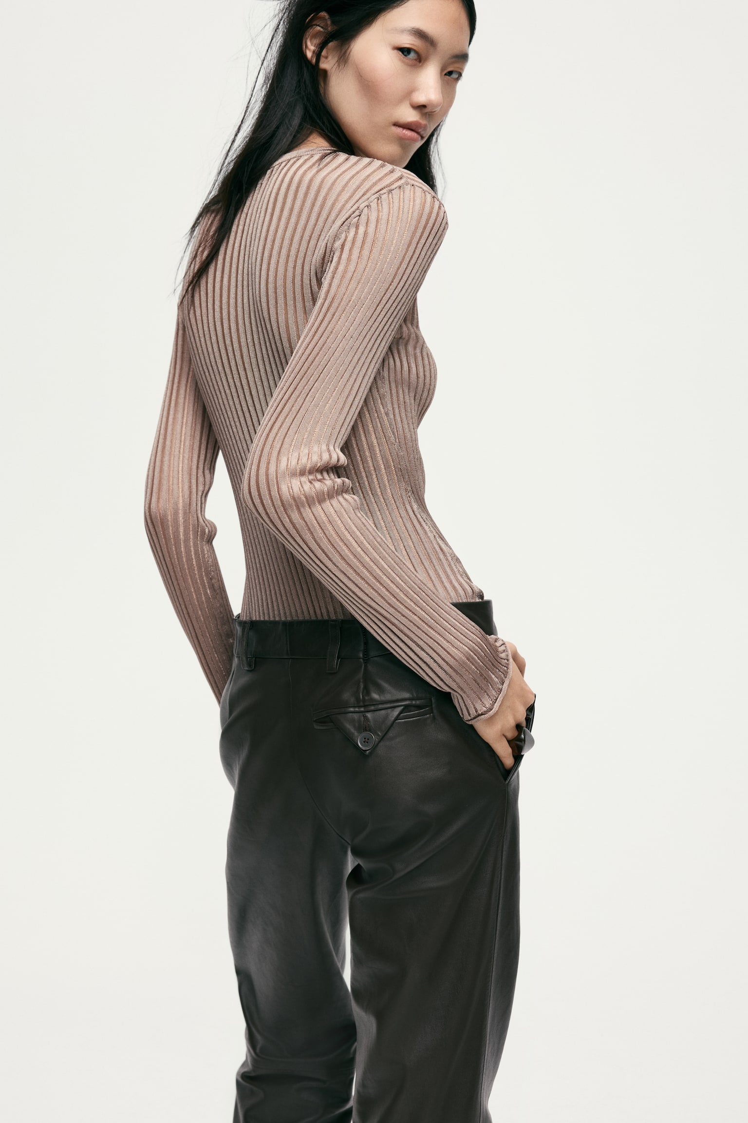 Top transparente en punto de canalé - Beige/Verde caqui oscuro - 4