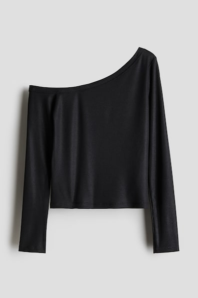 Geripptes One-Shoulder-Shirt - Asymmetrischer Ausschnitt - Langarm 