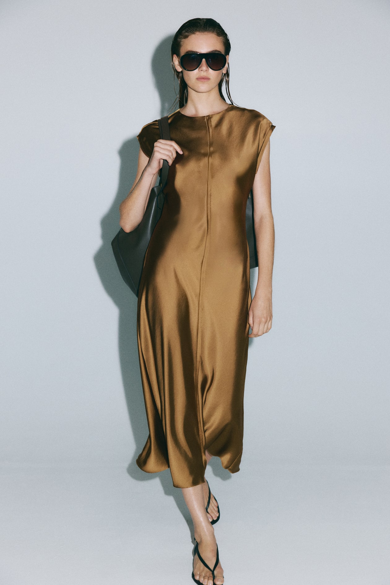 Ladies - Dark Beige Satin Midi Dress - Size: XS