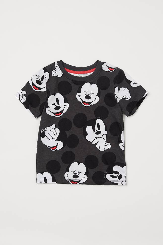Printed T-shirt - Round neck - Short sleeve - Dark grey/Mickey Mouse ...