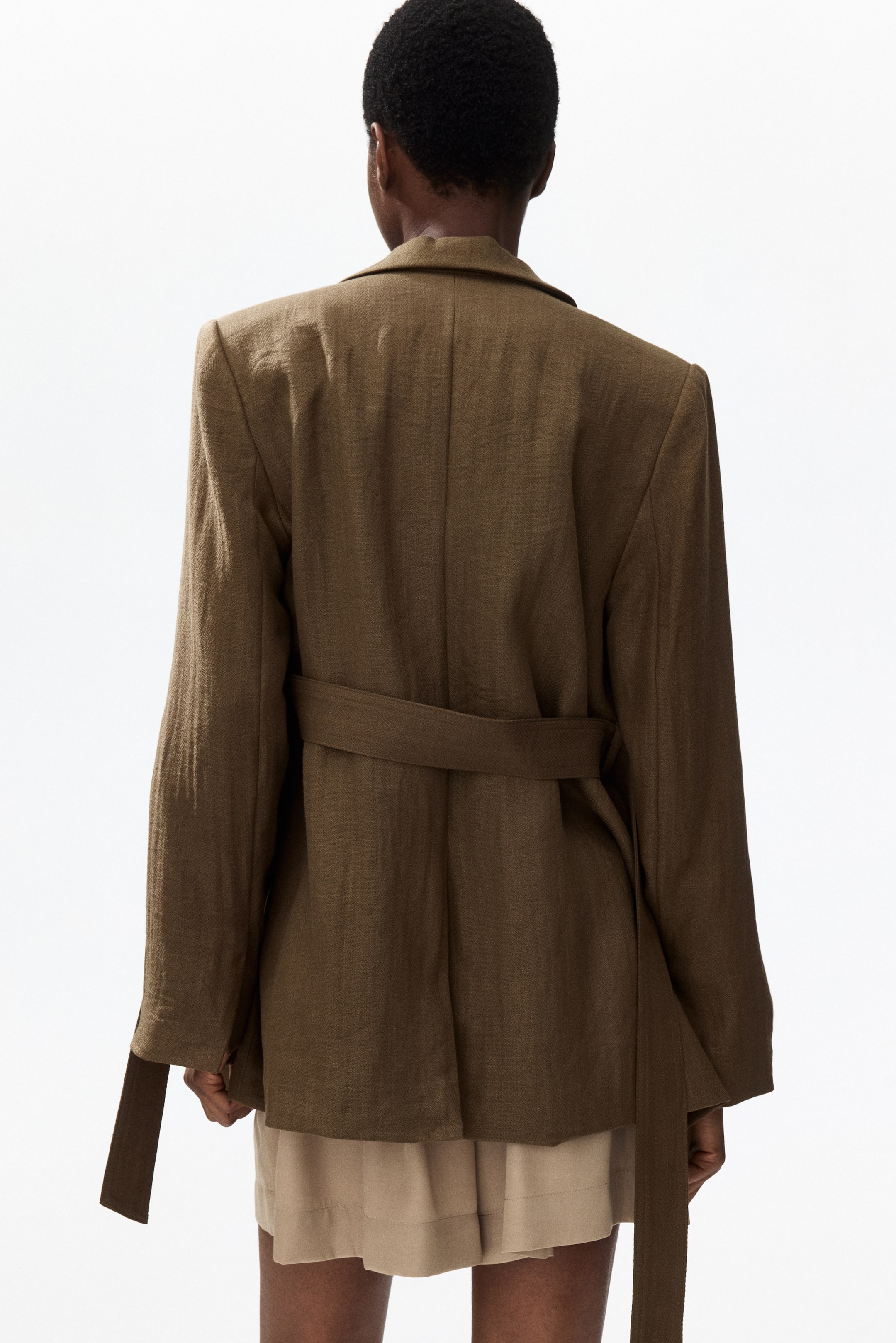Textured-Weave Tie-Belt Blazer