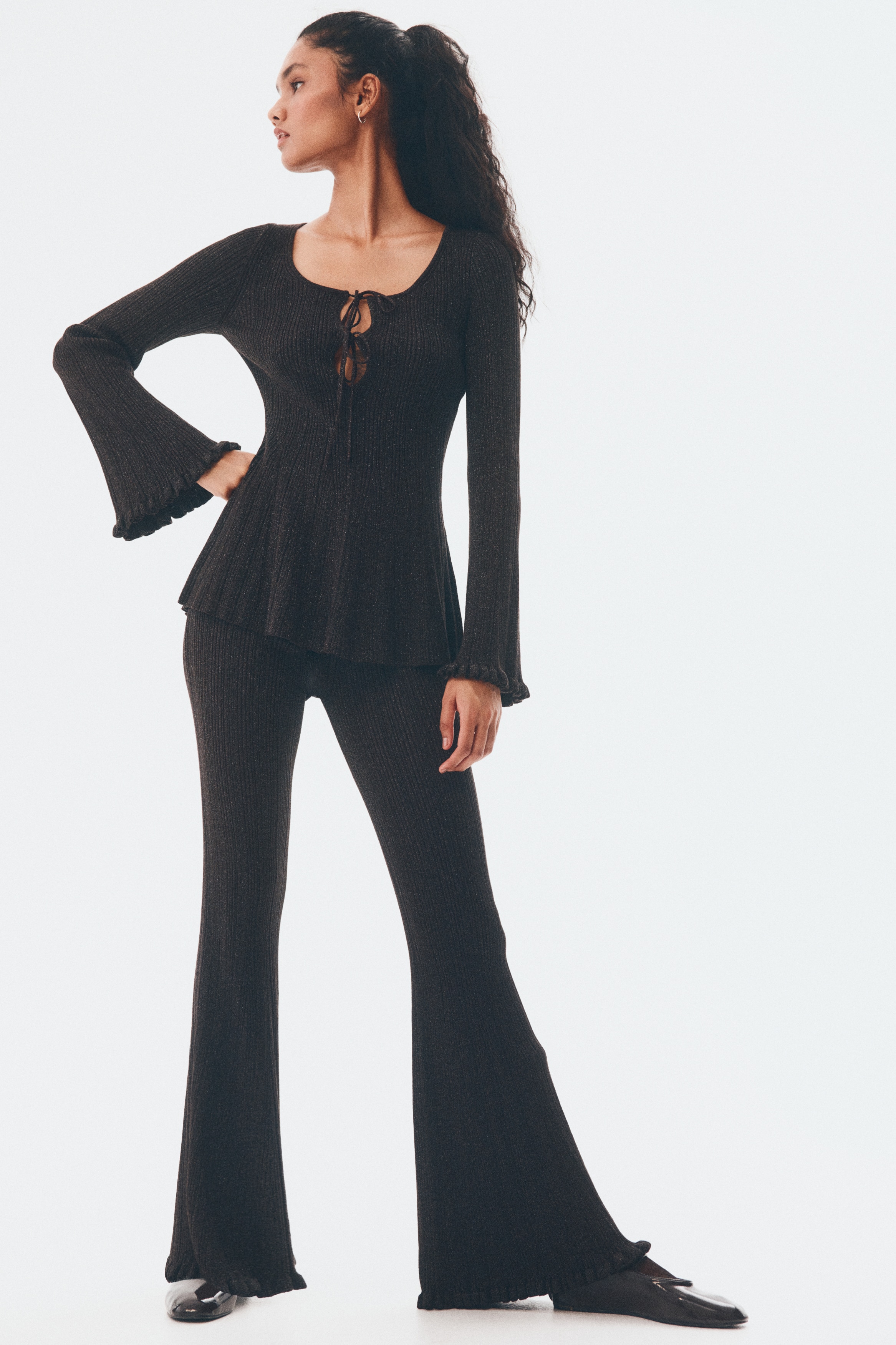 H & M - シマーリブニットパンツ - ブラウン