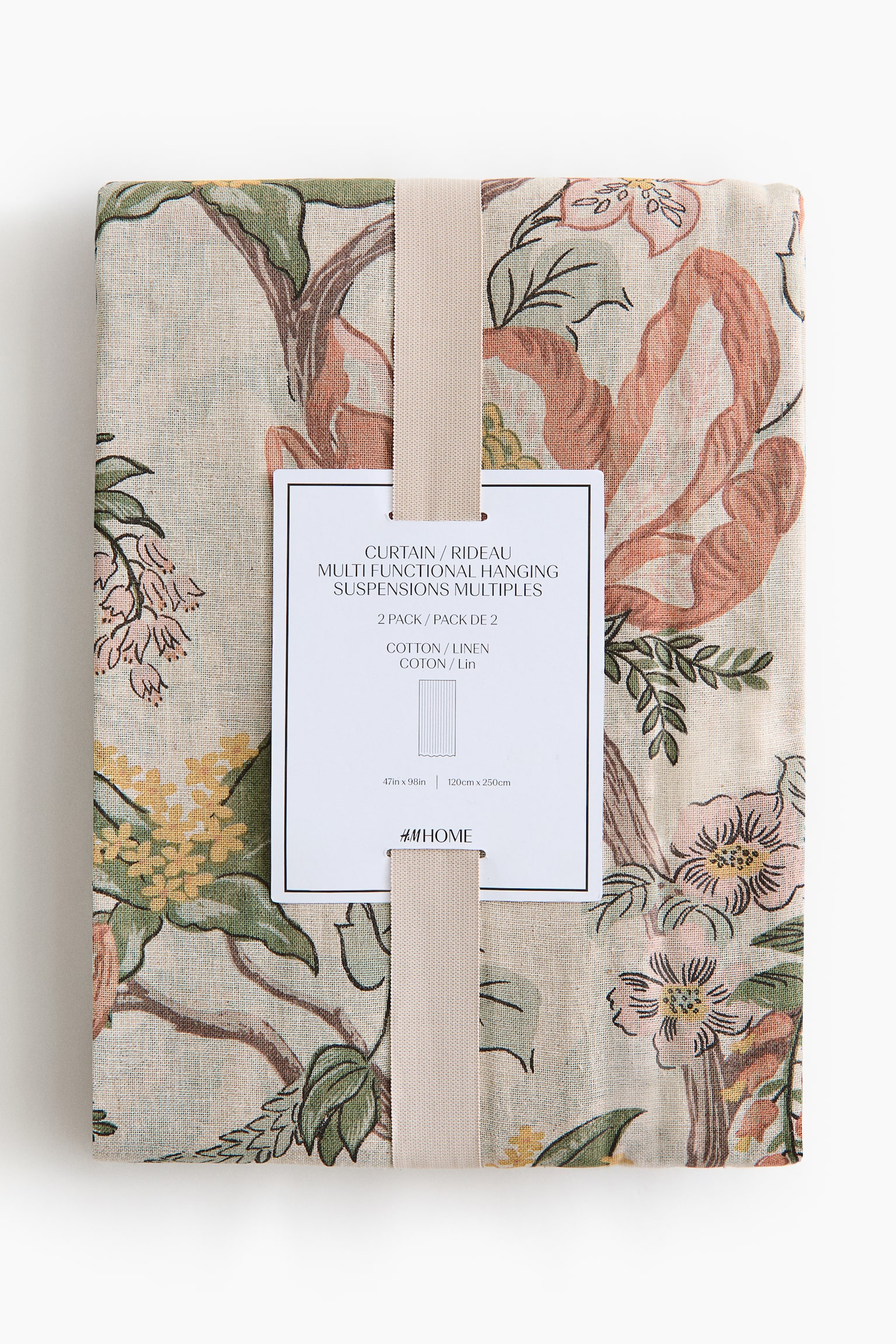 2-pack linen-blend curtain lengths - Light beige/Floral - 4