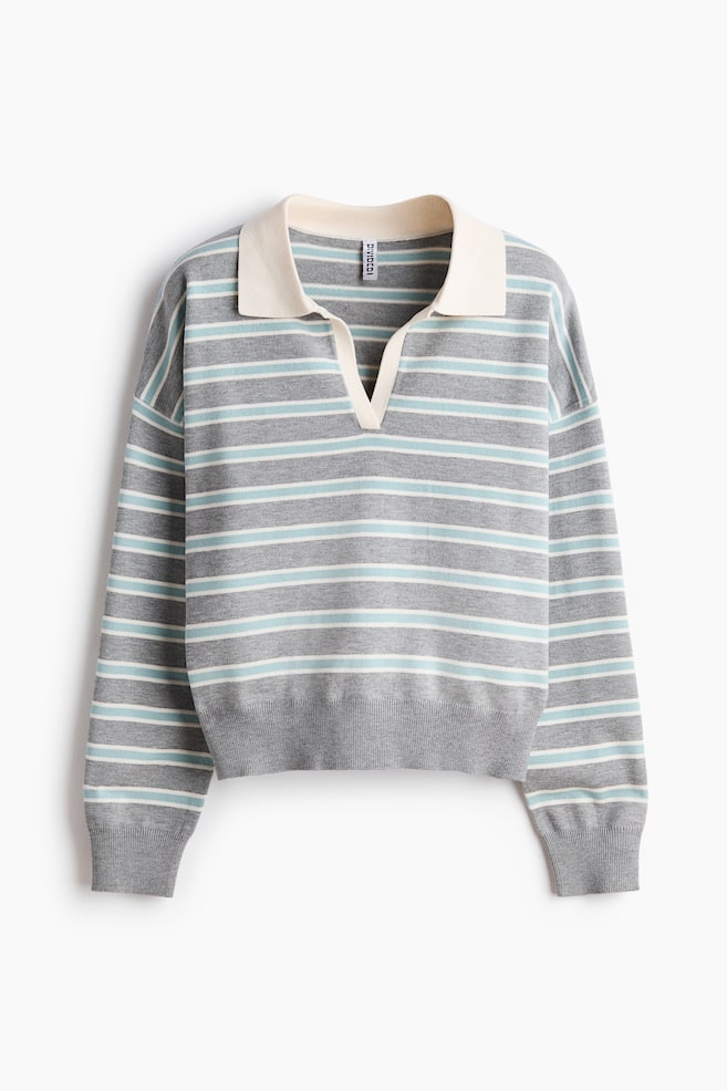 Fine-Knit Polo Shirt - Light gray melange/striped/Light blue/striped/Dark turquoise/cream striped - 1