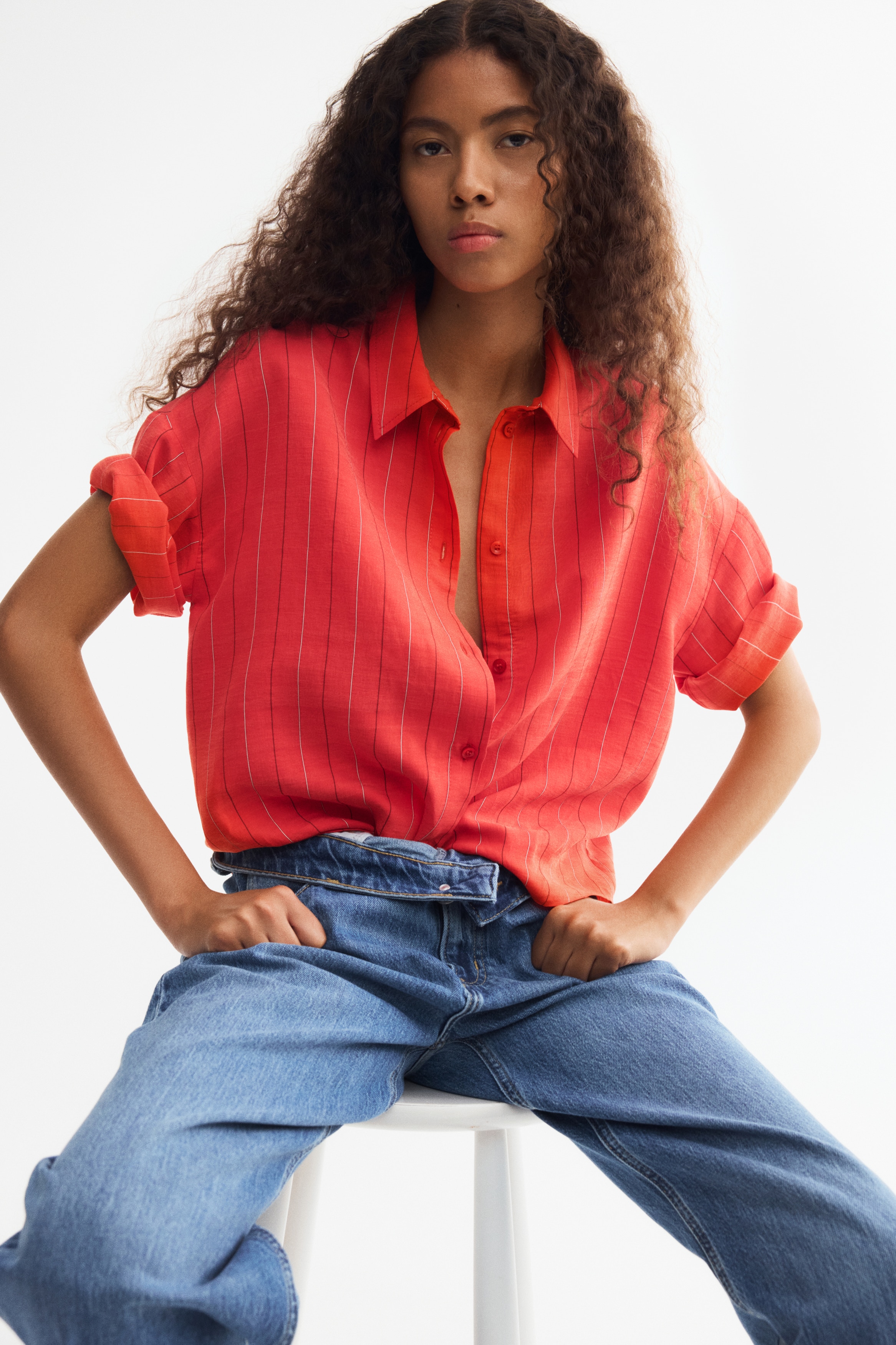 Camisa de manga corta en mezcla de lyocell - Rojo/Rayas