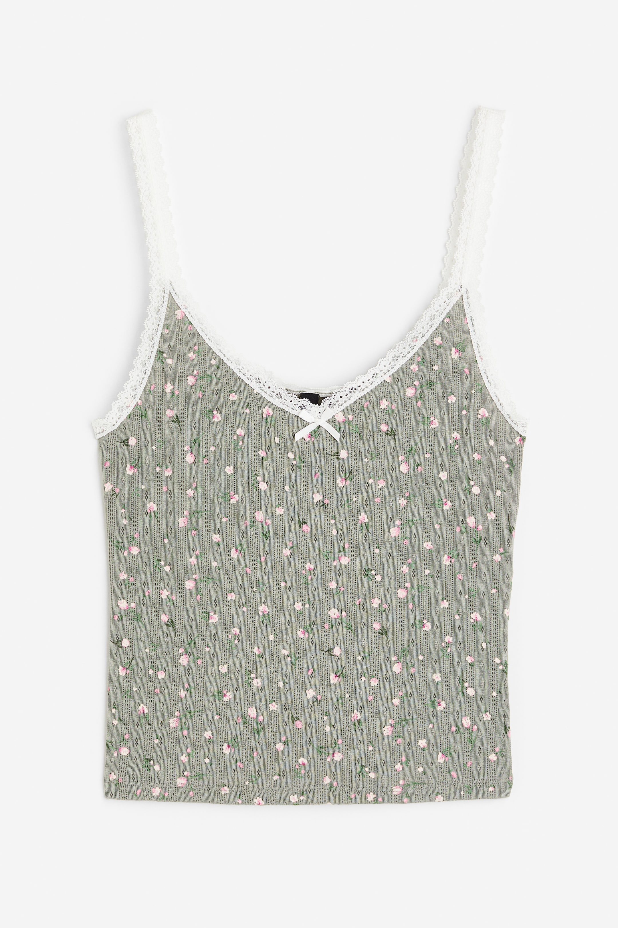 Xem ảnh lớn hơn: Áo ba lỗ gân nổi viền ren - Màu xanh kaki nhạt/Hoa - Ladies | H&M VN 1