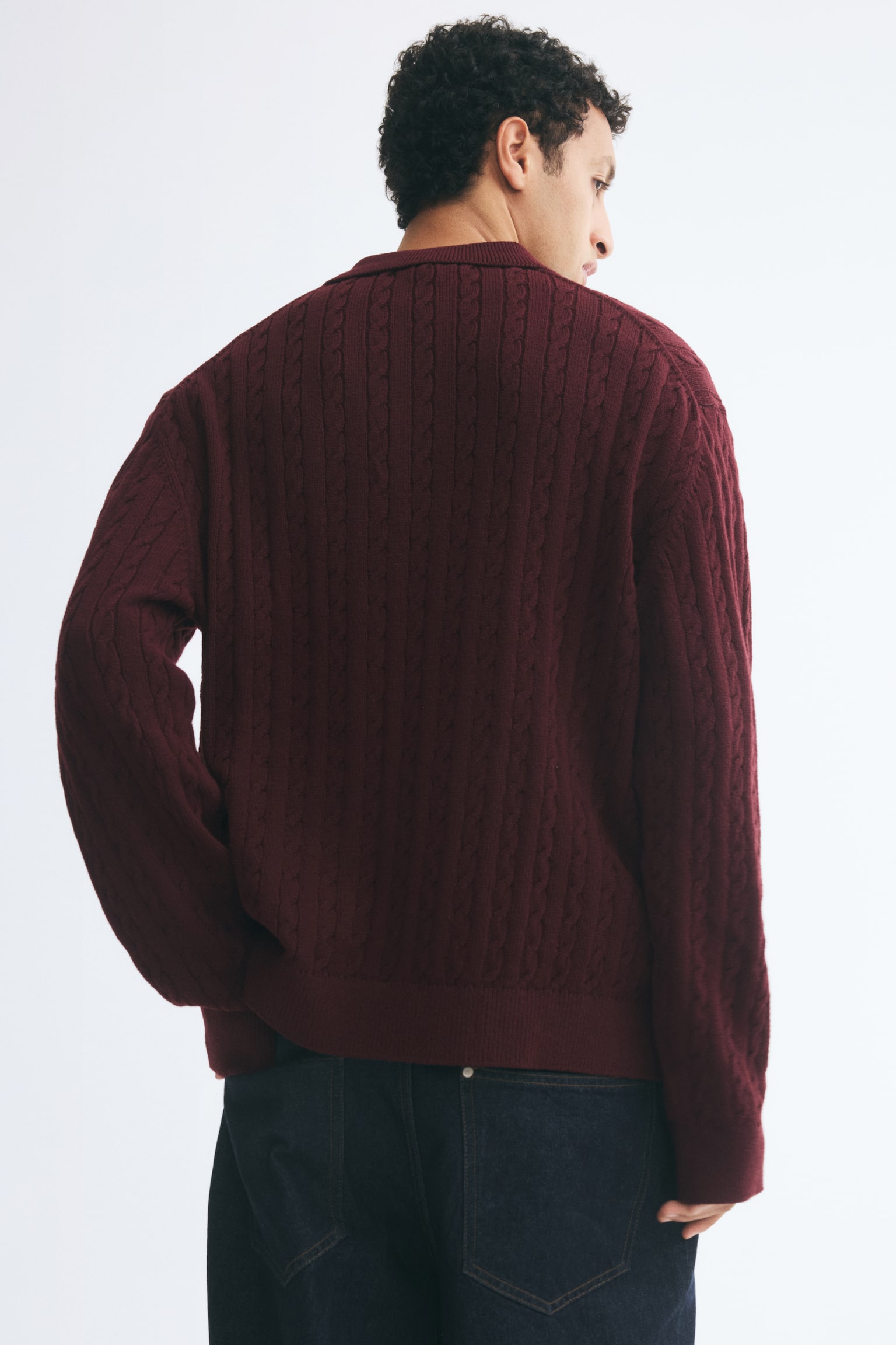 Мужской свитер H&M Relaxed-Fit Cable-Knit Polo, цвет: Бордовый — фото 5