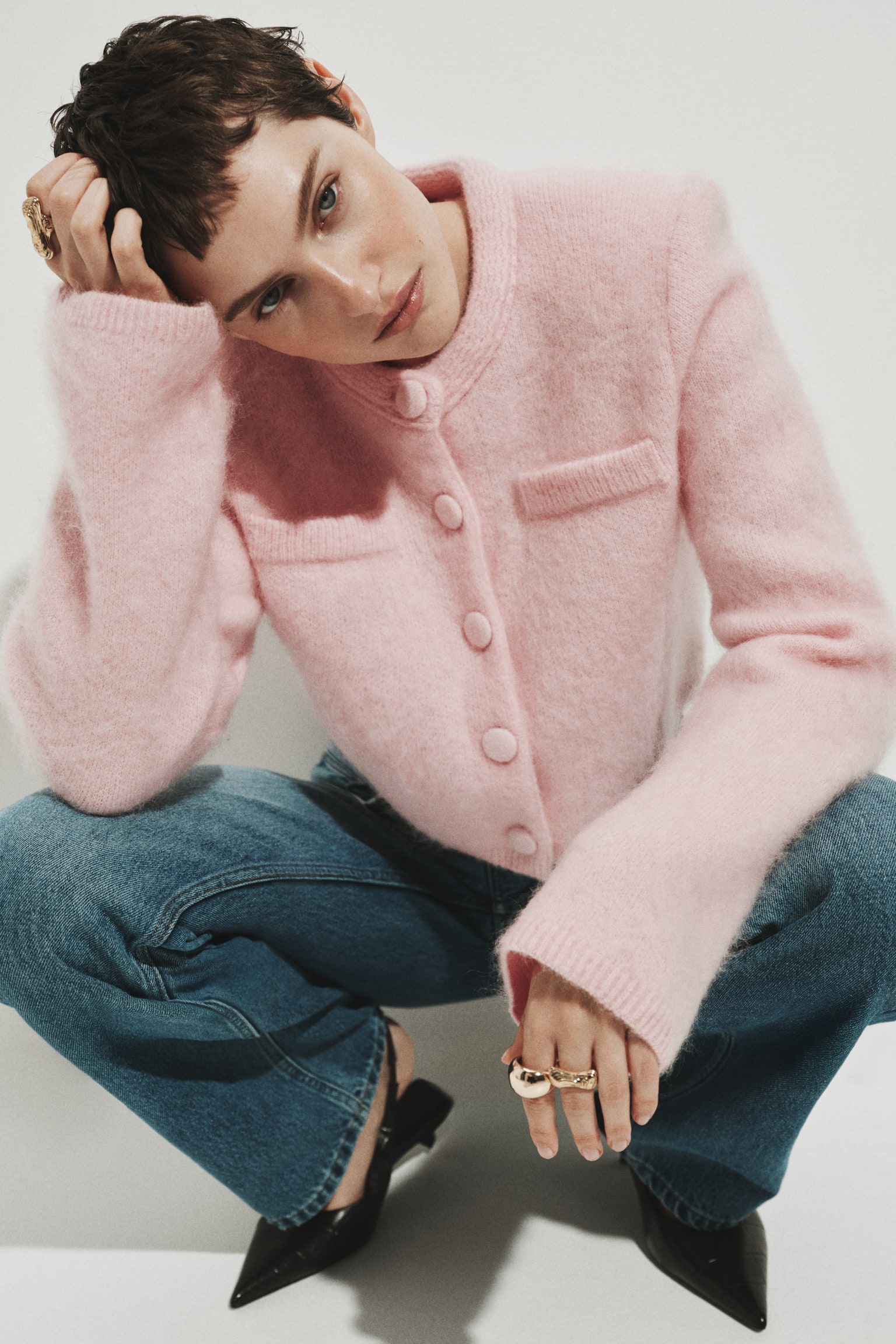 Mohair-blend shoulder-pad cardigan - Light pink/Light greige - 8