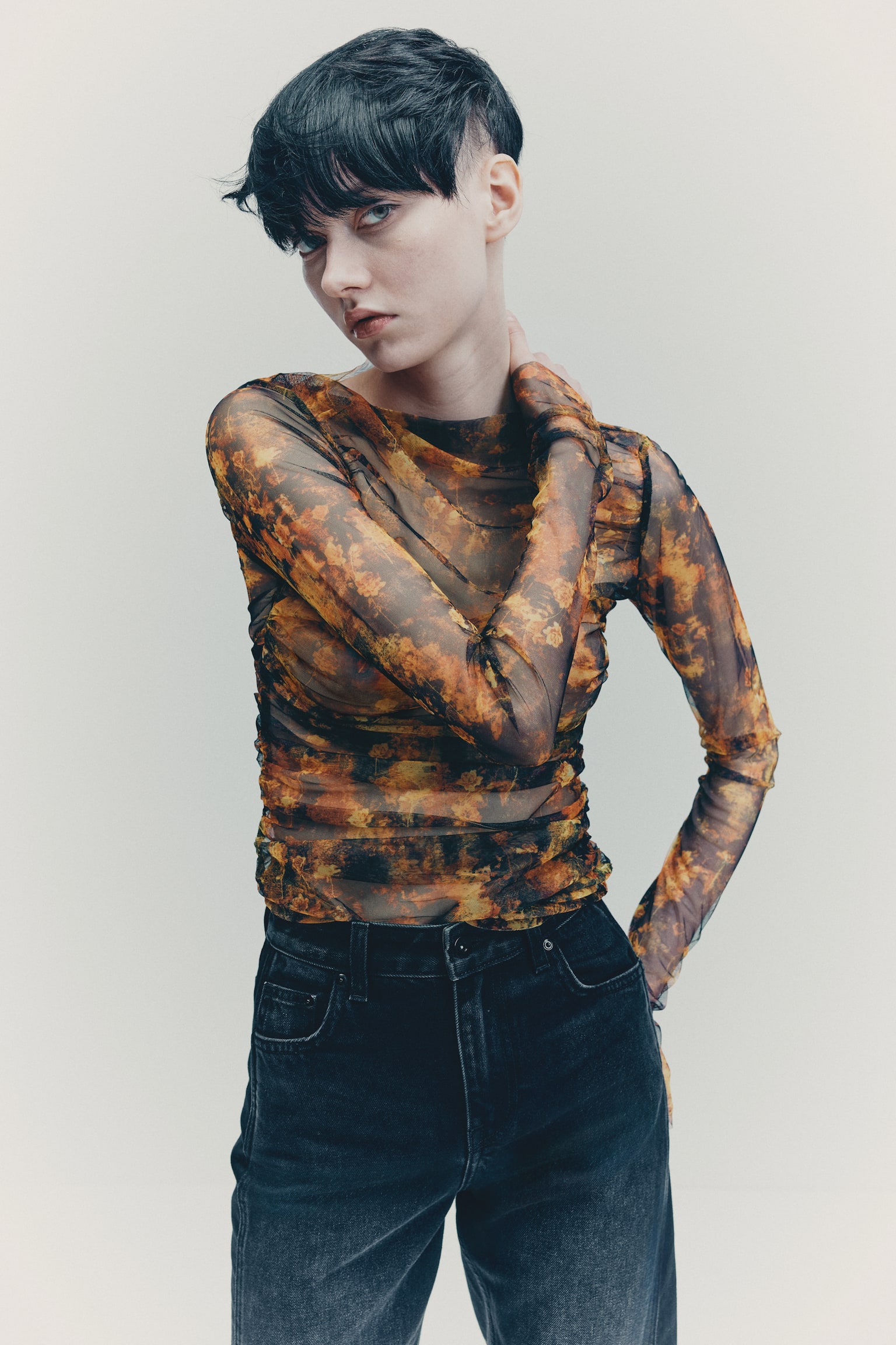 Draped mesh top - Black/Floral - 4