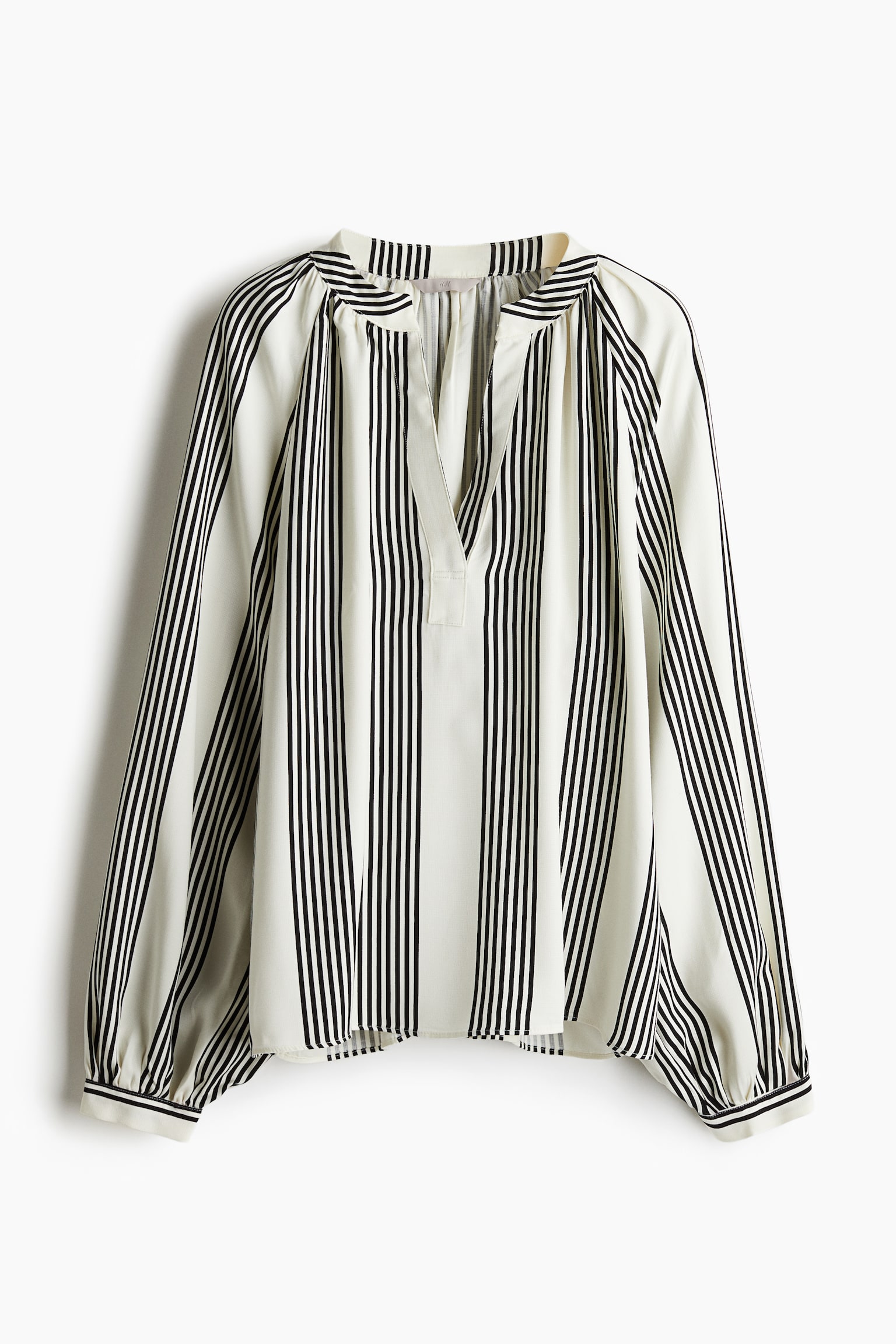 Balloon Sleeve Blouse - White/Stripe/Green/Pattern - 2