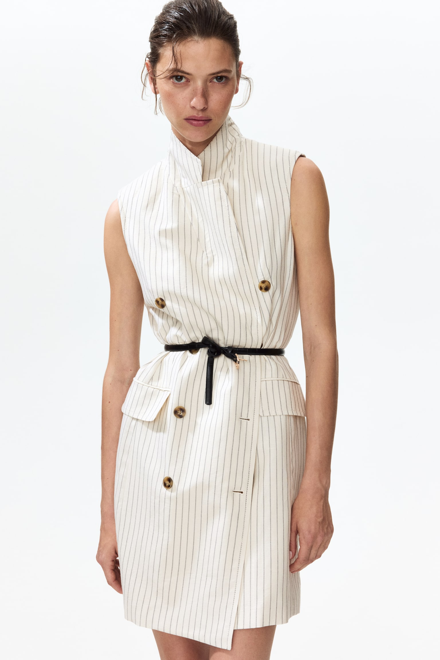 Linen-blend blazer dress - Cream/Striped/Red - 1