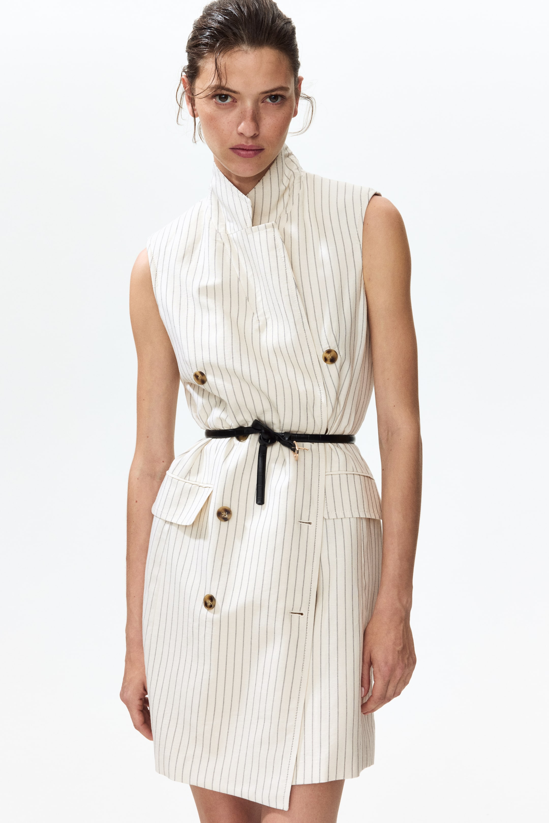 View larger image: An off-white pinstriped sleeveless dress showcases a standing band collar and a double-breasted front with brown buttons. A slim black belt cinches the waist, complemented by two flap pockets on the lower front.