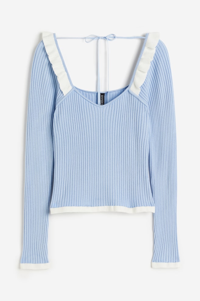 Frill-trimmed rib-knit top - Light blue - 1