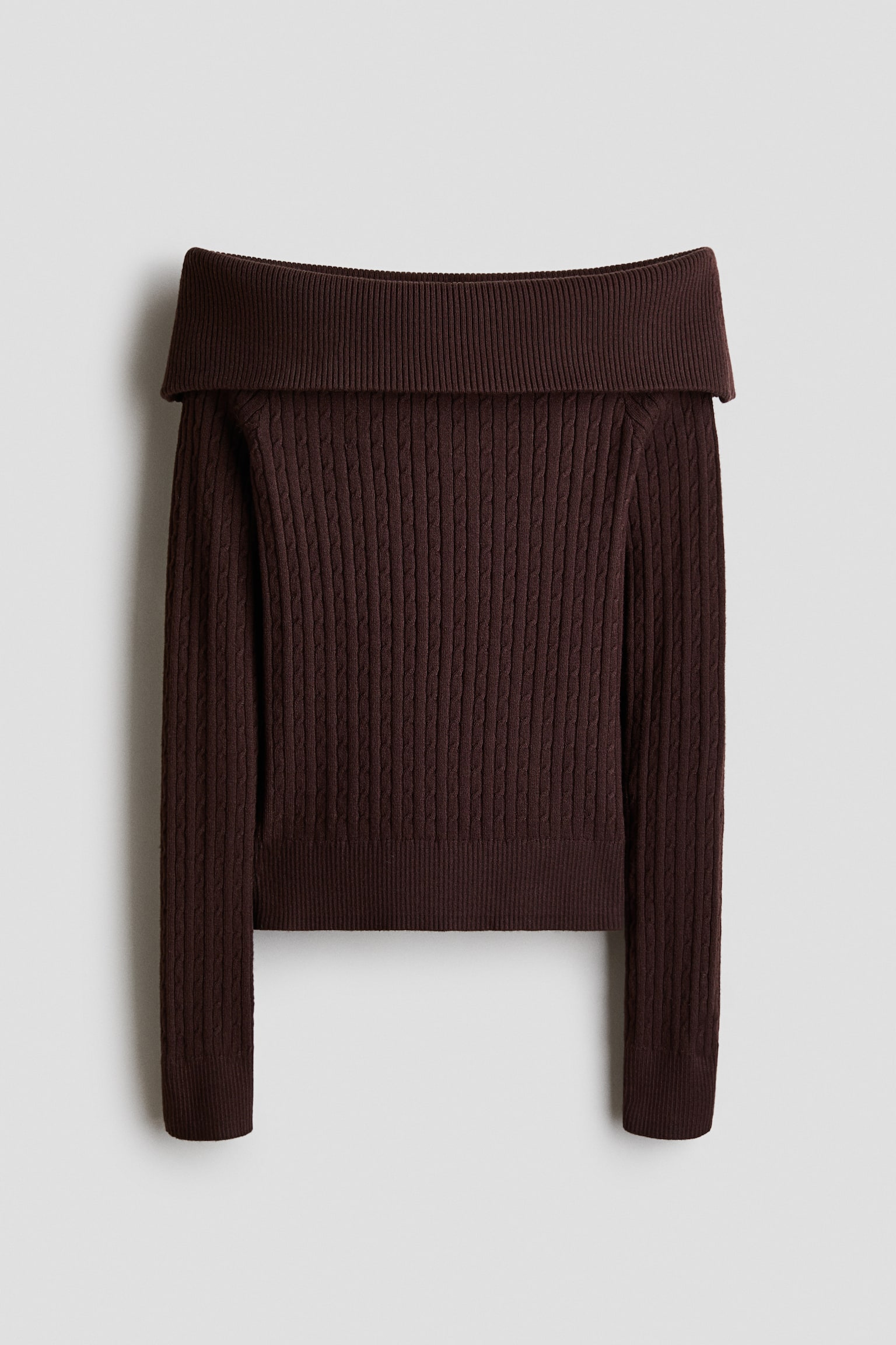 Kabelgebreide off-the-shouldertrui - Donkerbruin/Grijs gemêleerd/Dusty roze