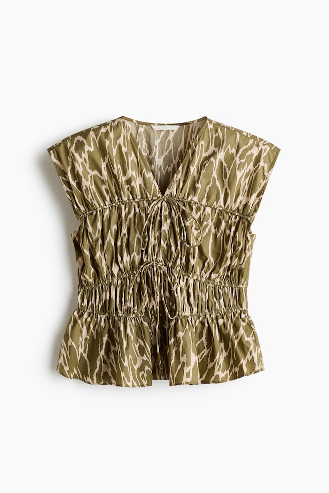 Drawstring poplin blouse - Khaki green/Patterned - 1