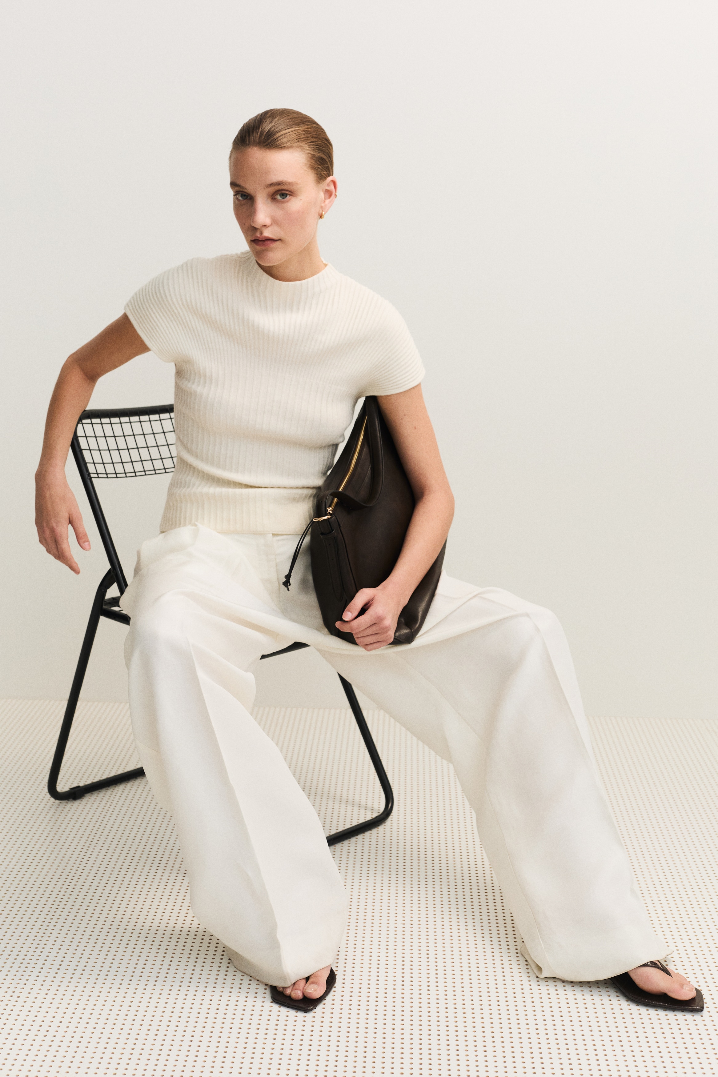 Top en maille côtelée - Crème